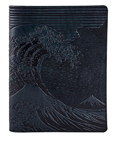 Premium Genuine Leather Notebook Cover with Insert - 8.25x10.25 Inches, Hokusai Wave Design, Navy Blue - Handcrafted in USA by Oberon Design - Perfect for Journaling, Sketching & Office Use