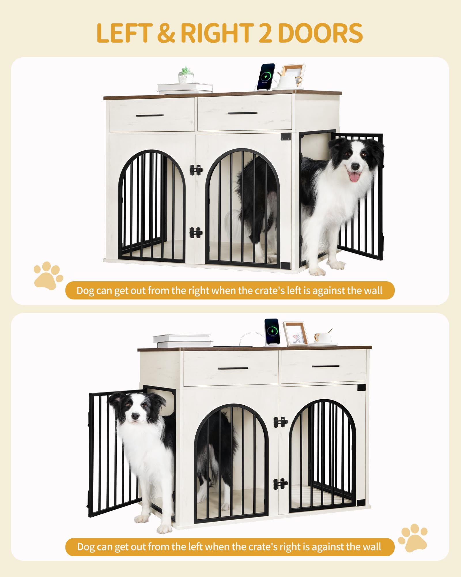 39.4'' Wooden Dog Crate Furniture with 2 Drawers & Charging Station - Indoor Dog Kennel Cage Side End Table for Medium/Large Dogs - White Brown DFC84214B - Perfect for Living Room, Bedroom & Home Office Decor