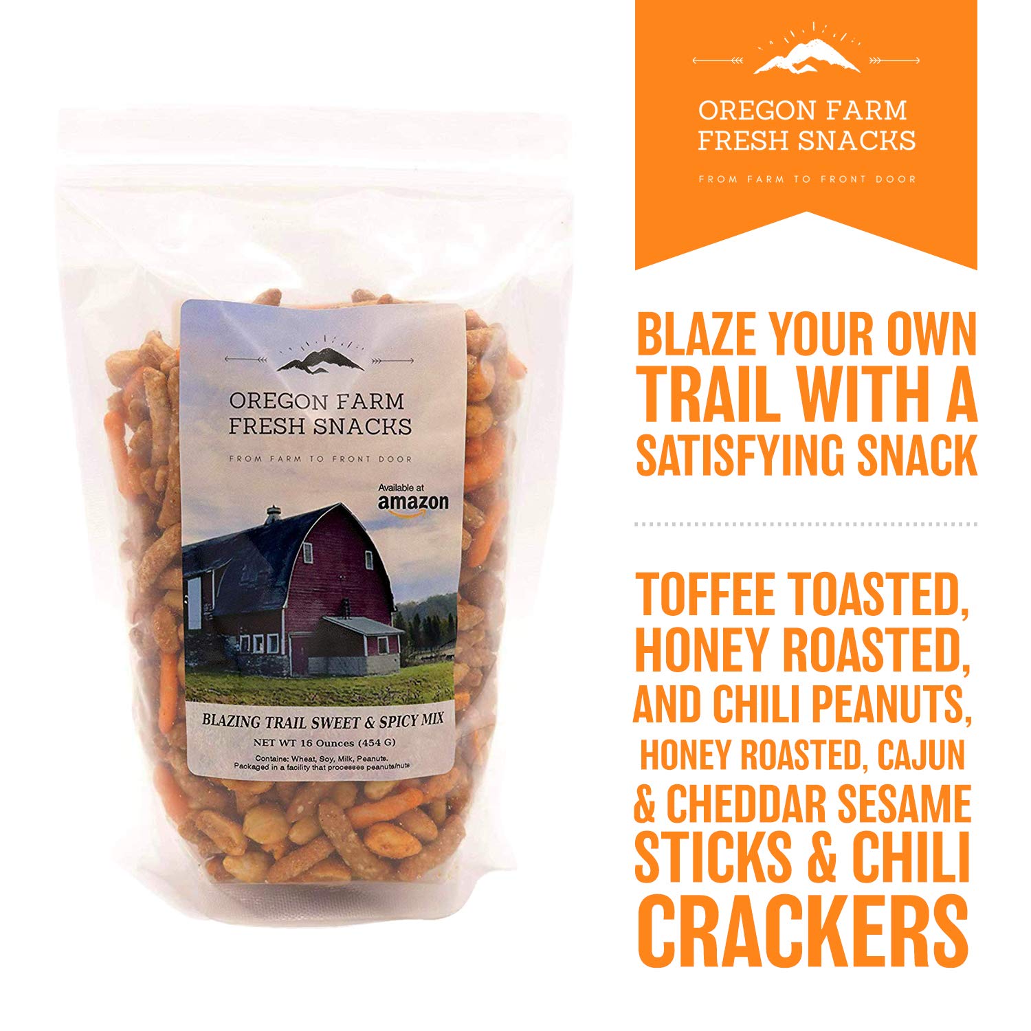 Oregon Farm Fresh Blazing Trail Sweet & Spicy Nut & Cracker Mix - Healthy Crunchy Snacks 16oz Pouch - Perfect for Game Nights, Hiking, Beer Pubs & Office Snacking