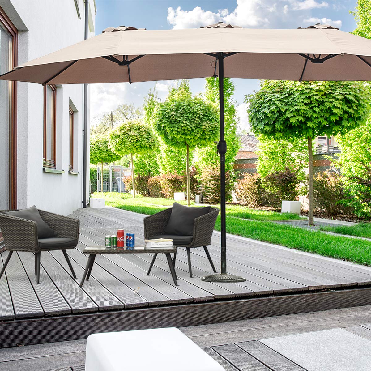 Tangkula 15 Ft Double-Sided Outdoor Patio Umbrella with Easy Crank Handle - Beige Market Table Umbrella for Backyard, Poolside, and Restaurant Outdoor Dining