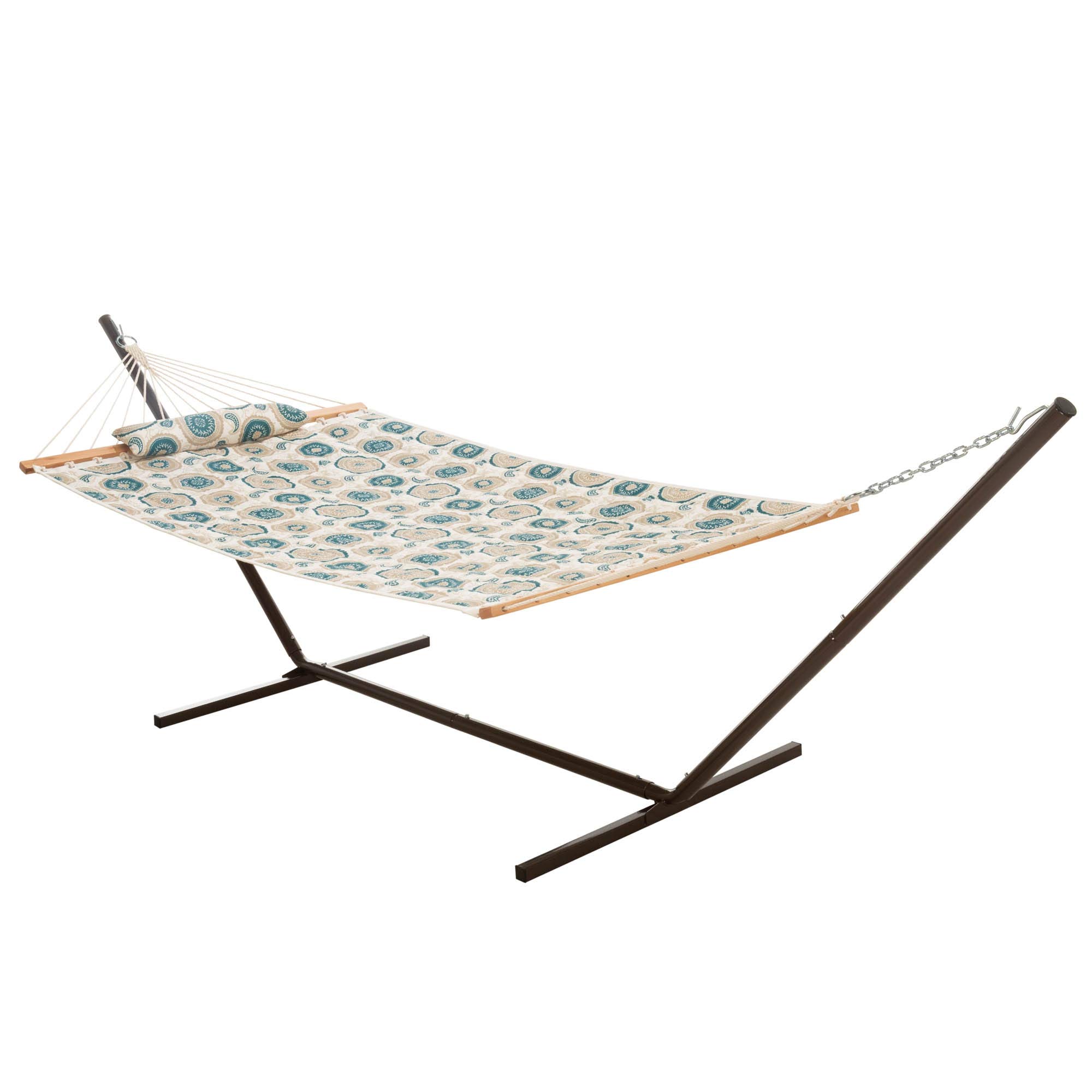 Space Saving Quilted Hammock with Stand & Pillow Set - Portable Outdoor Hammock for Patio, Backyard, Balcony, Camping - Compact Apartment Hammock Designed in USA - Medallion Pattern