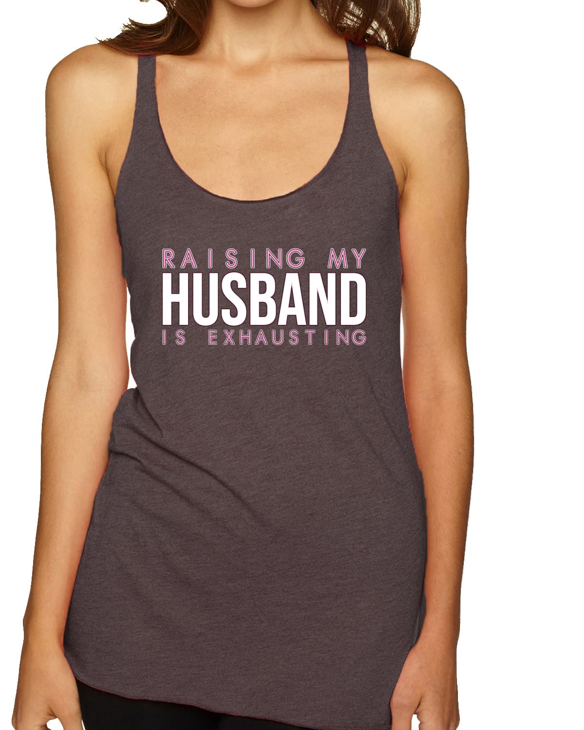 Funny Marriage Humor Tri-Blend Racerback Tank Top - 'Raising My Husband is Exhausting' Slogan Tee - Perfect for Date Nights, Girls Trips & Couple Gifts