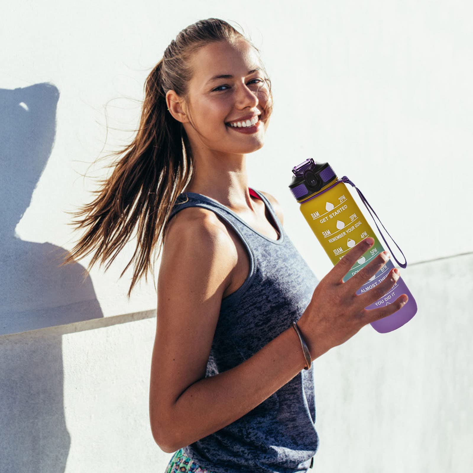 32oz Motivational Water Bottle with Time Marker - Leakproof Wide Mouth, Fast Water Flow for School, Sports & Outdoor Activities - Durable 1000ml Squeeze Ejection Bottle (11x3.1in) - Perfect for Gym, Hiking, Workouts and Daily Hydration