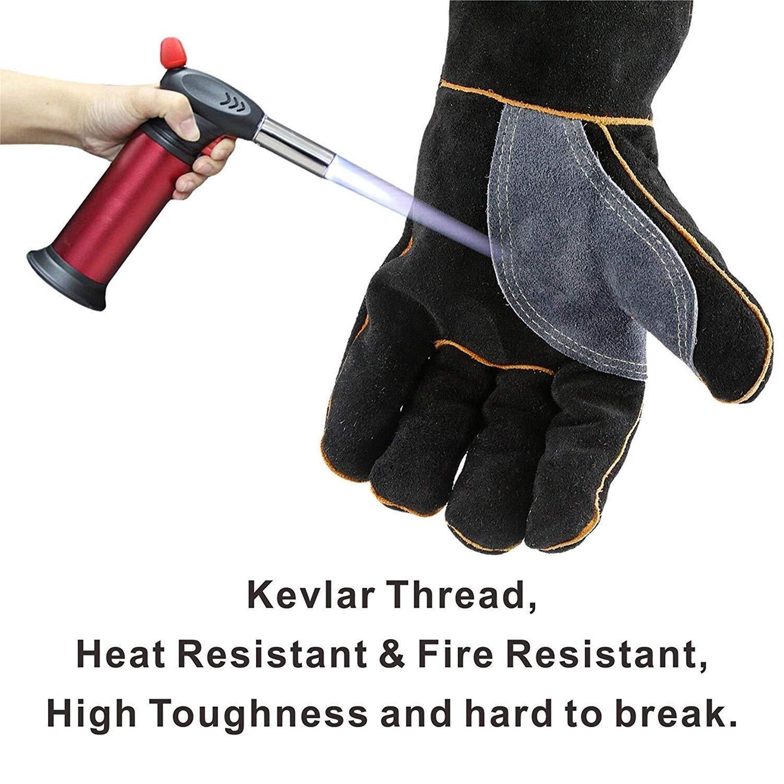 Heat & Fire Resistant Leather Gloves - 14 Inch Black Welding Gloves for Fireplace, Stove, Oven, Grill, BBQ & Animal Handling - Heavy Duty Thermal Protection for Cooking, Welding & Outdoor Activities