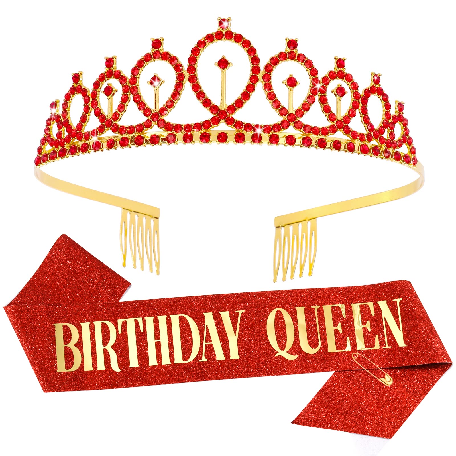 Birthday Queen Sash & Crystal Tiara Set - Elegant Red Rhinestone Crown & Glitter Sash for Women & Girls | Perfect for Birthday Parties, Bachelorette, Pageants & Special Celebrations