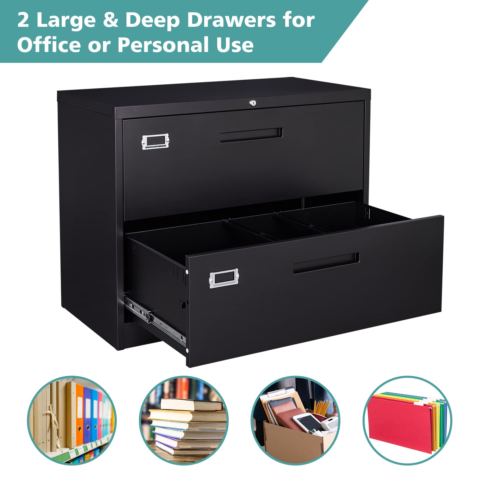 MIIIKO 2 Drawer Lateral File Cabinet - Black Metal Filing Cabinet with Lock, 35.4