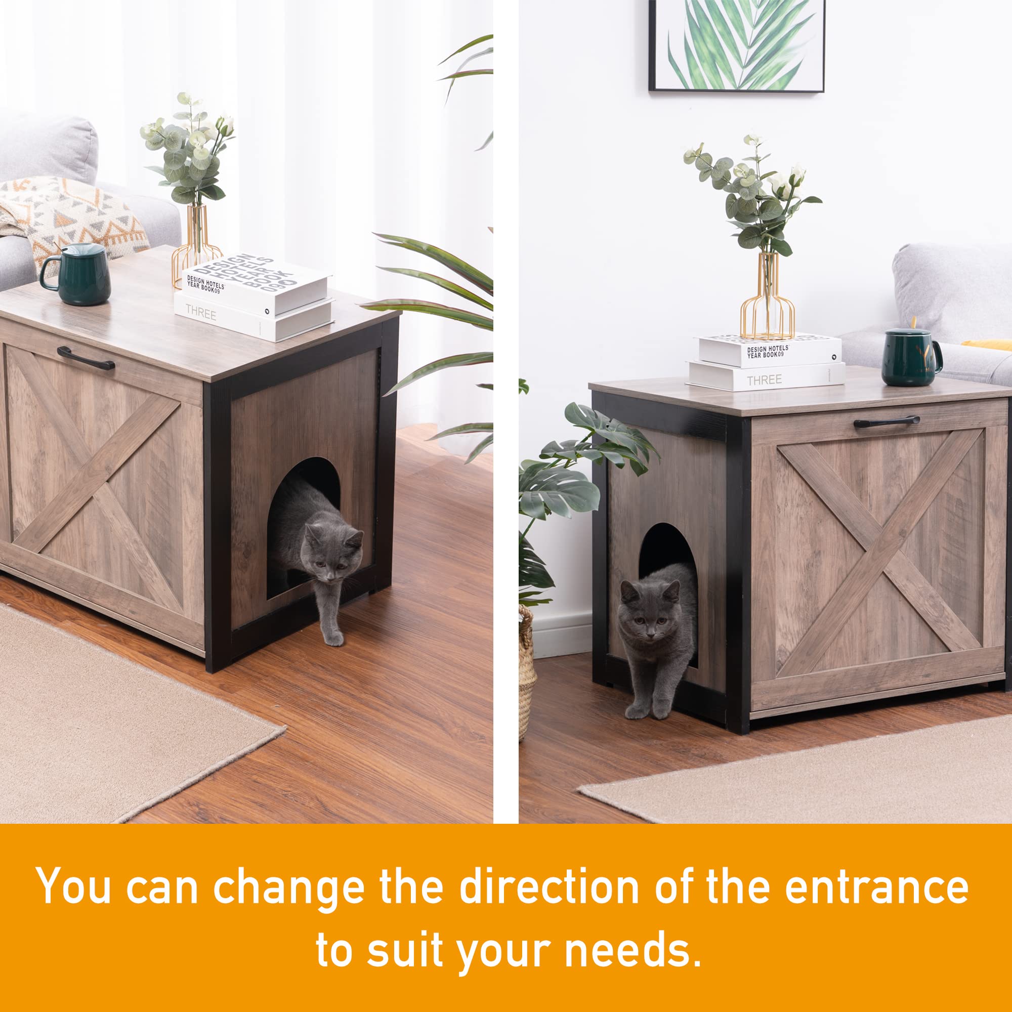 Dwanton Hidden Cat Litter Box Furniture - Wooden Washroom Enclosure with Reversible Left/Right Entrance, Greige Indoor Cabinet (23.6