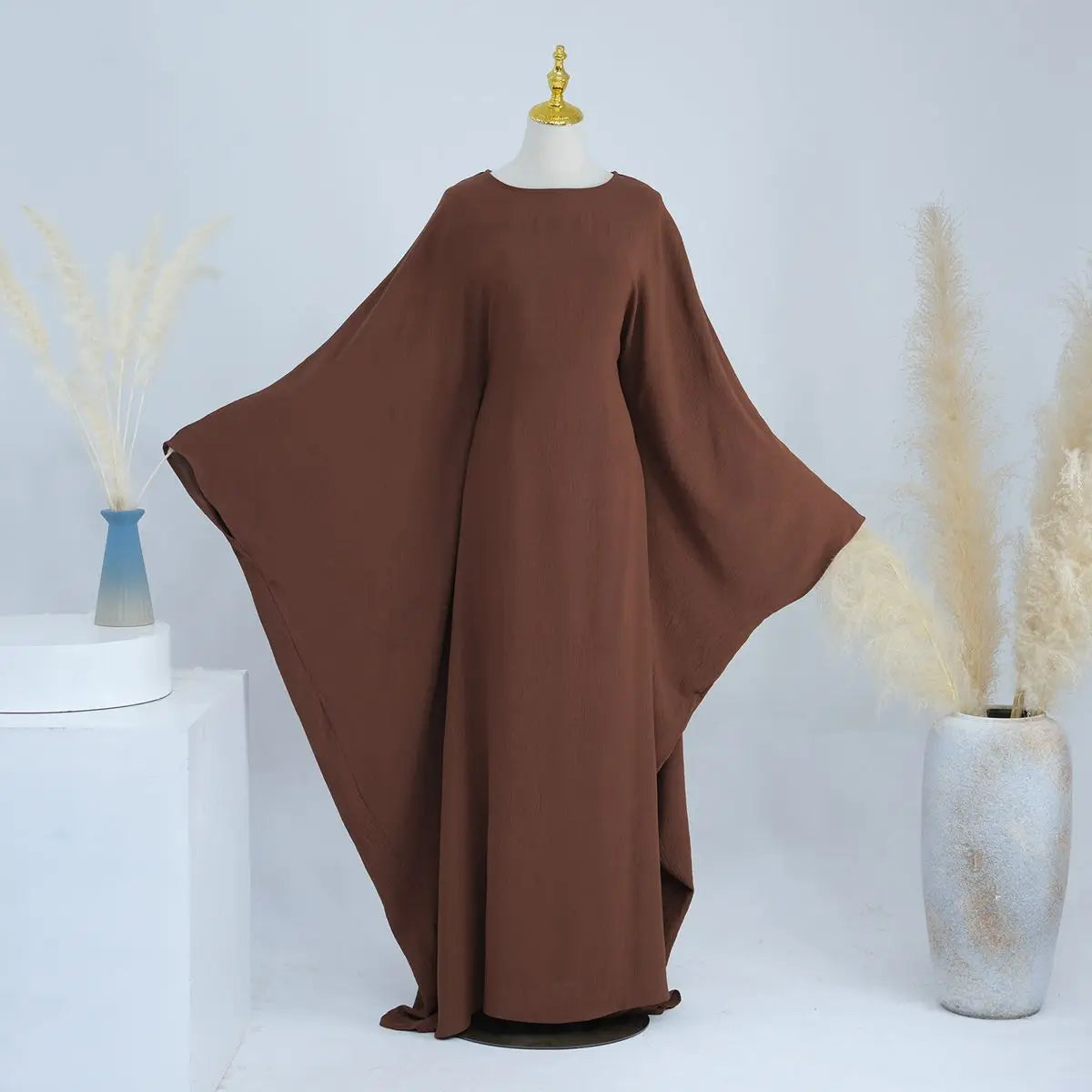 Wrinkle-Free Fabric Batwing Sleeve Farasha Abaya Dress with Inner Belt - Elegant Muslim Women's Prayer Dress for Special Occasions & Daily Wear