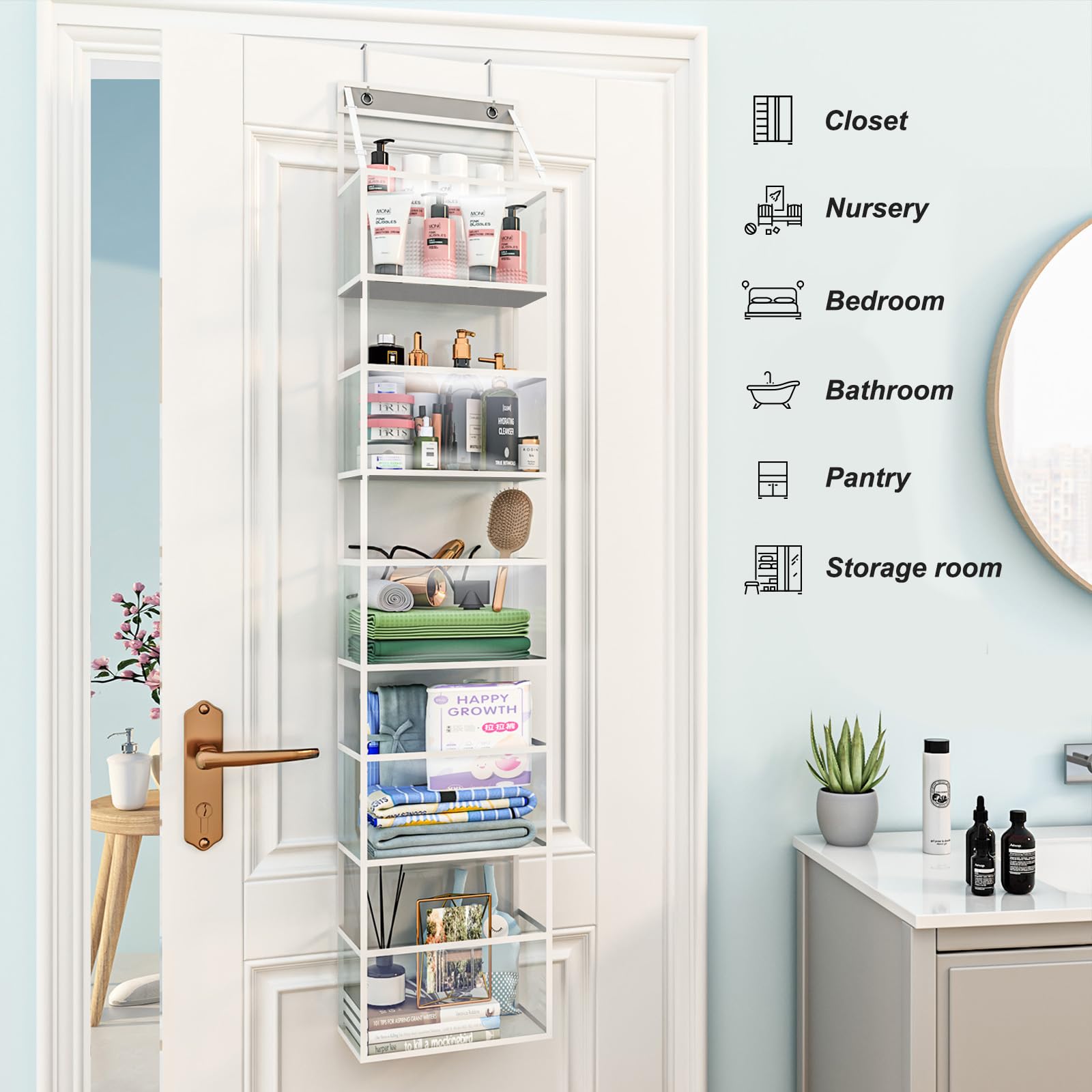Fixwal 5-Tier Over The Door Hanging Pantry Organizer - Clear Plastic Pocket Storage Shelf for Closet, Bedroom, Bathroom & Nursery - Heavy Duty 25lb Capacity Space Saver - Perfect for Organizing Snacks, Toys, Toiletries & Household Essentials
