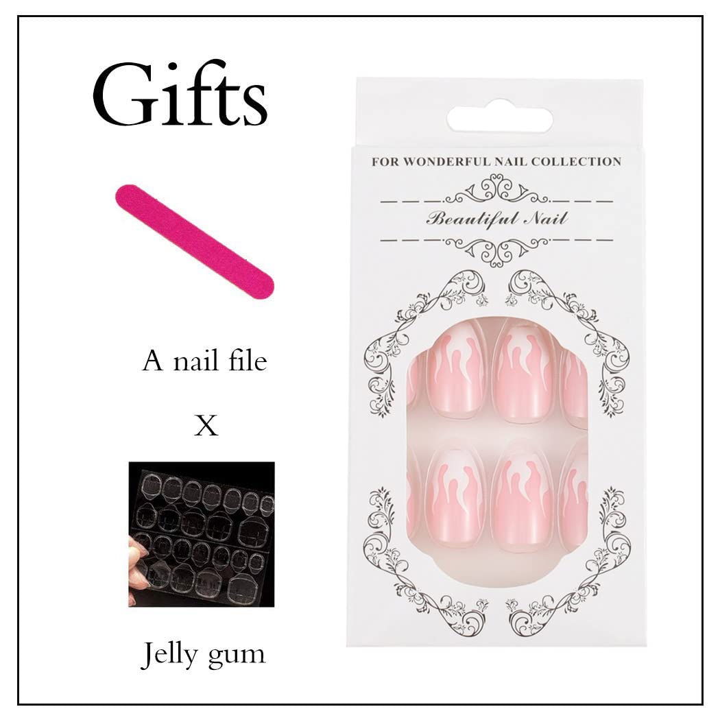 Uranian Coffin Medium Long Press on Nails - Pink Fire Glossy French Ballerina Fake Nails, 24pcs Full Cover Acrylic False Nails for Women & Girls, Halloween Nail Art (Style 3) - Perfect for Parties, Cosplay & Special Occasions