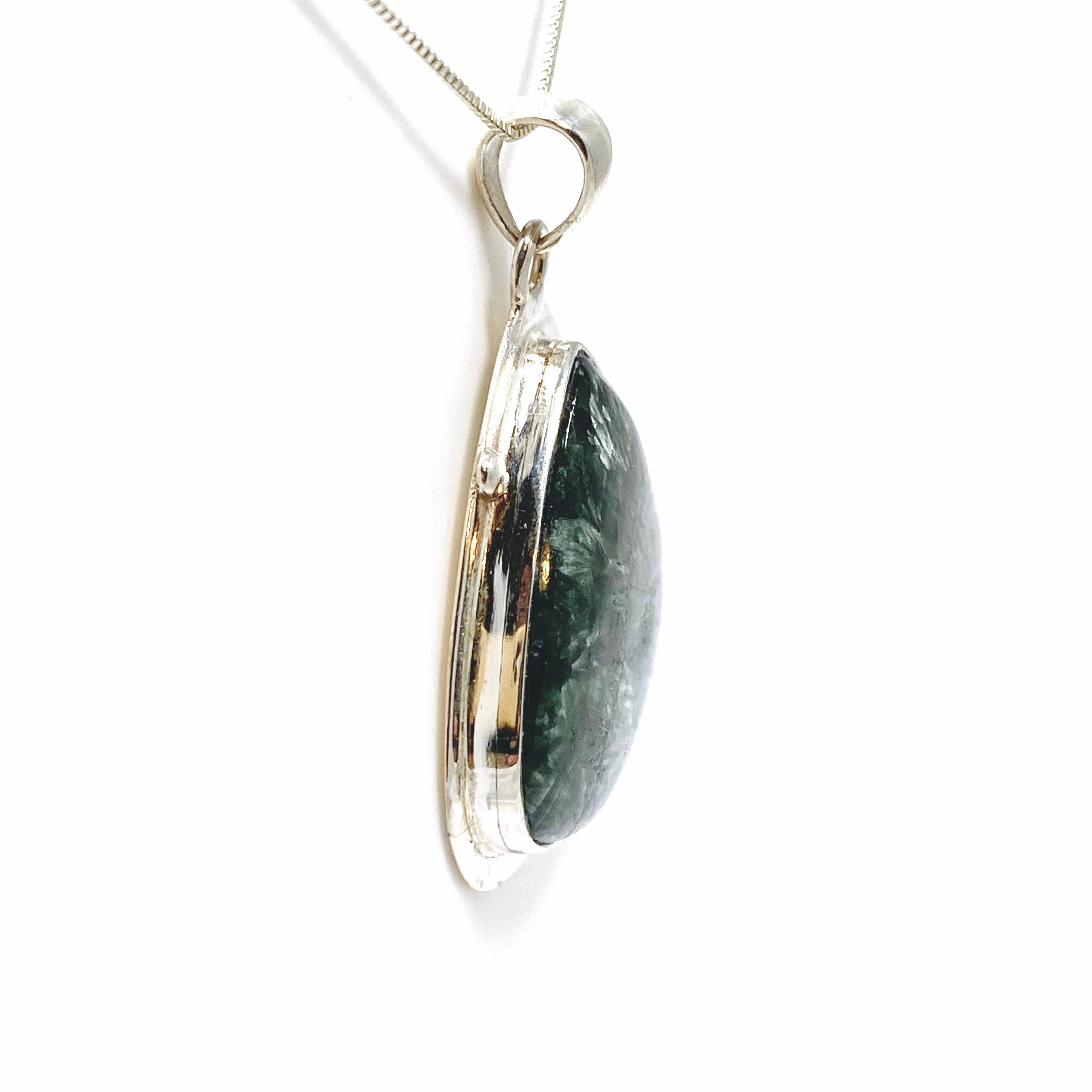 Seraphinite Teardrop Cabochon Pendant in Sterling Silver - Healing Crystal Jewelry for Meditation & Energy Work - Elegant Gift for Spiritual Seekers