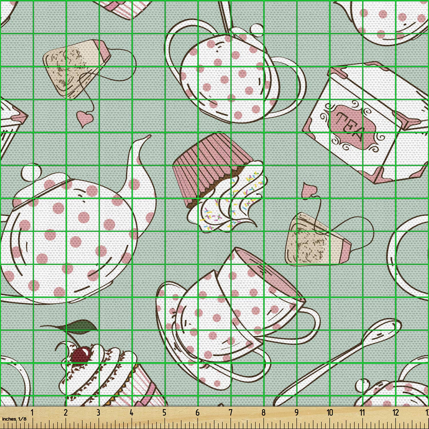 Ambesonne Tea Party Fabric by The Yard - Polka Dot Teapot & Cupcake Print Upholstery Material (10 Yards, Green Coral) | Perfect for DIY Home Decor, Table Runners, Curtains & Craft Projects