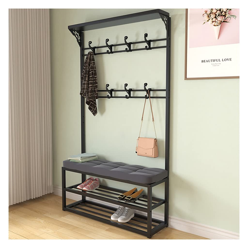 YAWEDA 4-in-1 Entryway Organizer - Large Hall Tree Coat Rack with Shoe Bench, 8 Adjustable Hooks, Black & Gray Storage Solution for Mudroom, Foyer or Hallway (80x30x172cm) - Perfect for Organizing Shoes, Coats, Bags & Accessories in Small Spaces