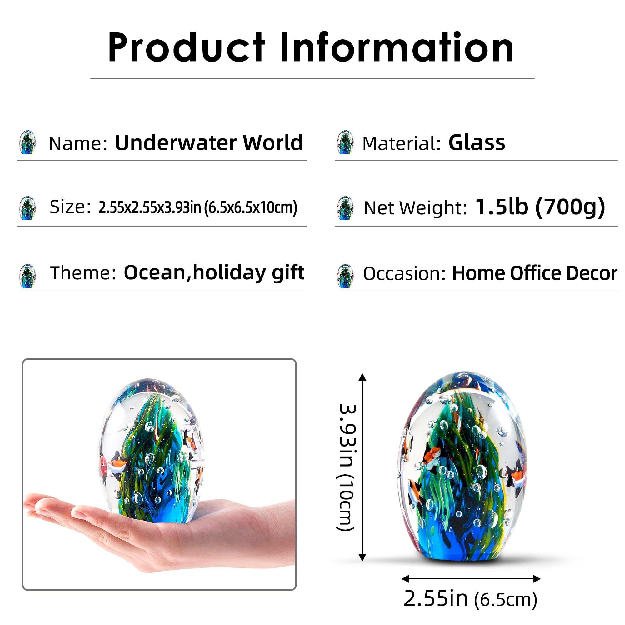 EUSTUMA Hand Blown Glass Underwater World Paperweight - Unique Office Desk Decor, Aquarium Ornament for Ocean Lovers - Perfect Gift for Home, Office & Marine Theme Decorations