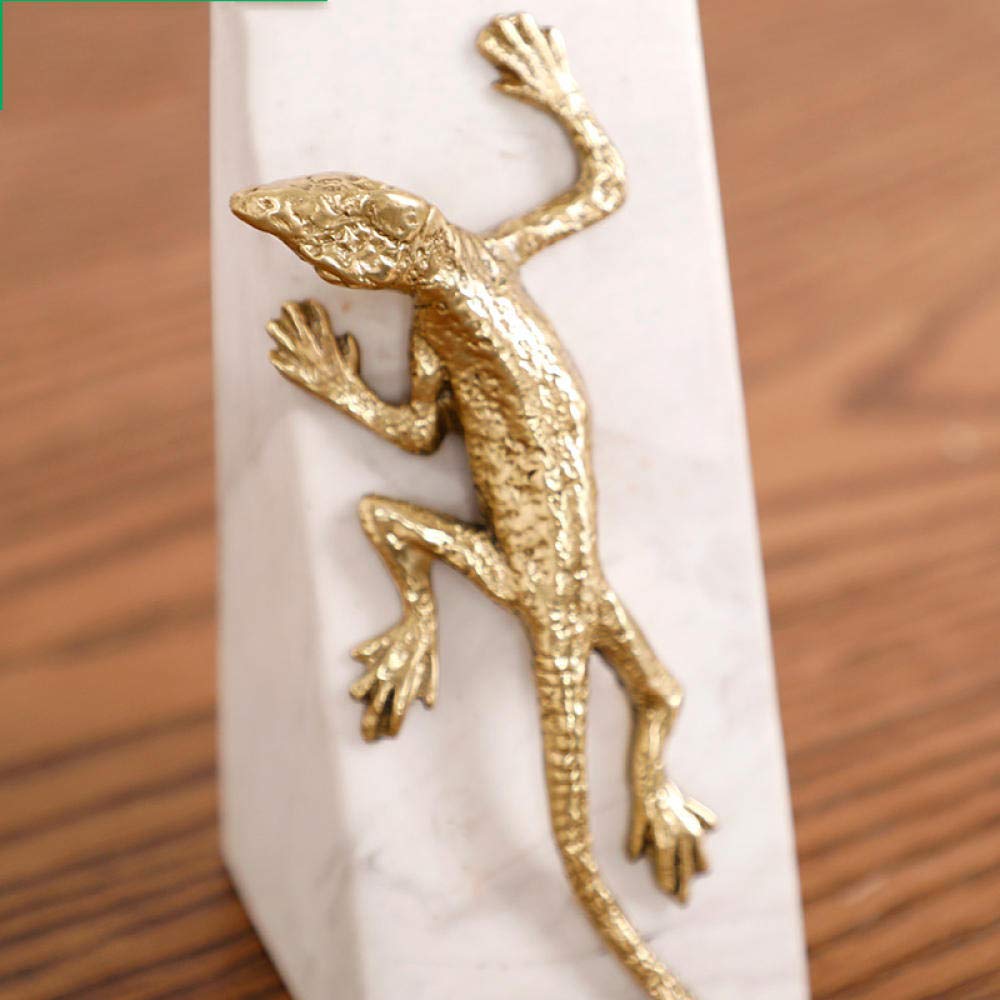 Golden Gecko Sculpture - Pair of Metal Crawling Geckos on Marble Base for Home & Office Décor | Elegant Desktop Statue for Living Room, Bookshelf, or Workspace Decor