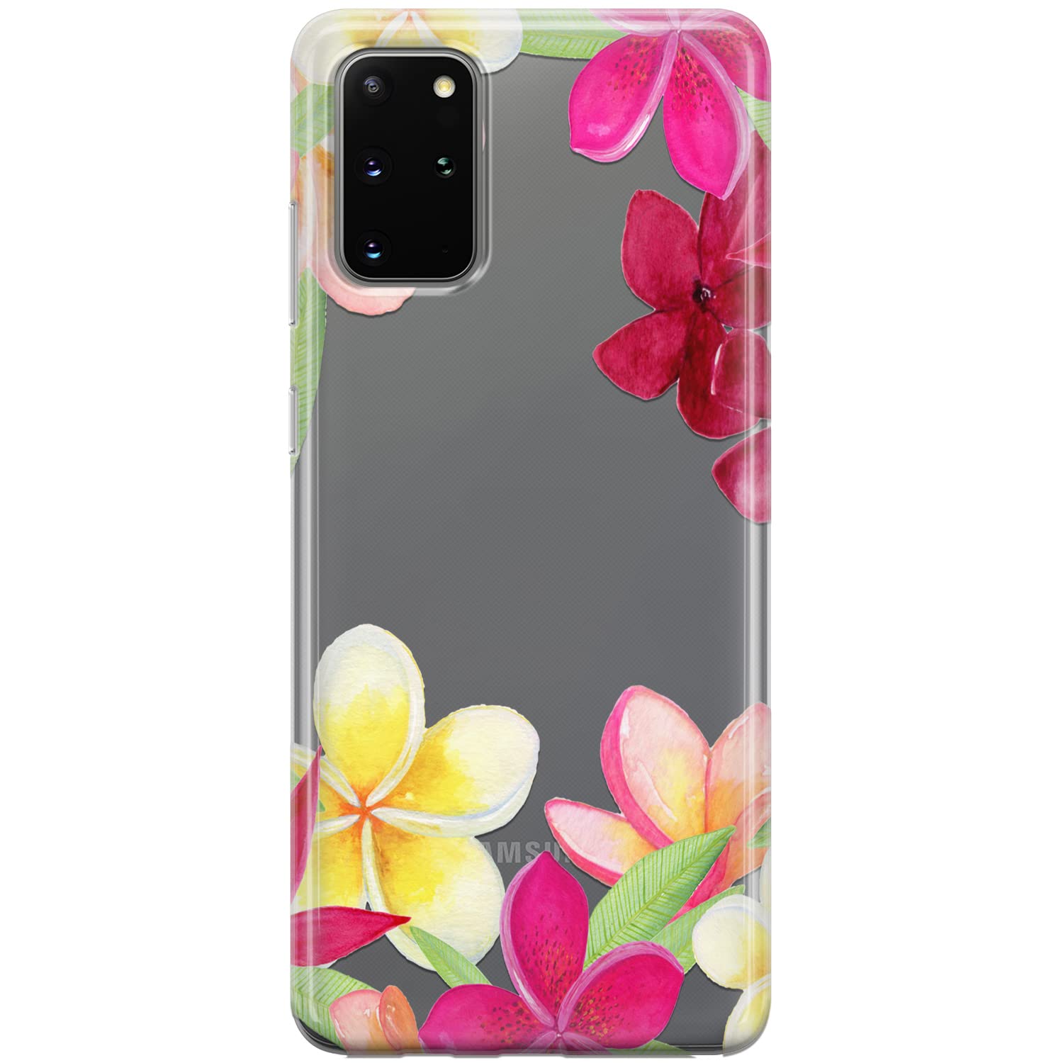 Samsung Galaxy S24 S23 Ultra S22 Plus S21 FE 5G S20 Note 20 10 Phone Case - Clear Silicone TPU Protective Cover with Tropical Hawaiian Floral Plumeria Design | Shockproof & Flexible for Everyday Use, Travel & Outdoor Activities