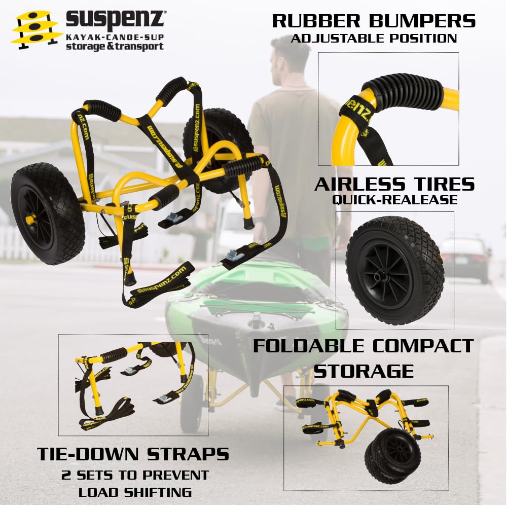 Suspenz DLX Kayak Canoe Transport Trailer Cart with Airless Wheels & Straps - 150 lbs Capacity - Yellow (22-0044) - Perfect for Beach, Lake & River Kayak Transport