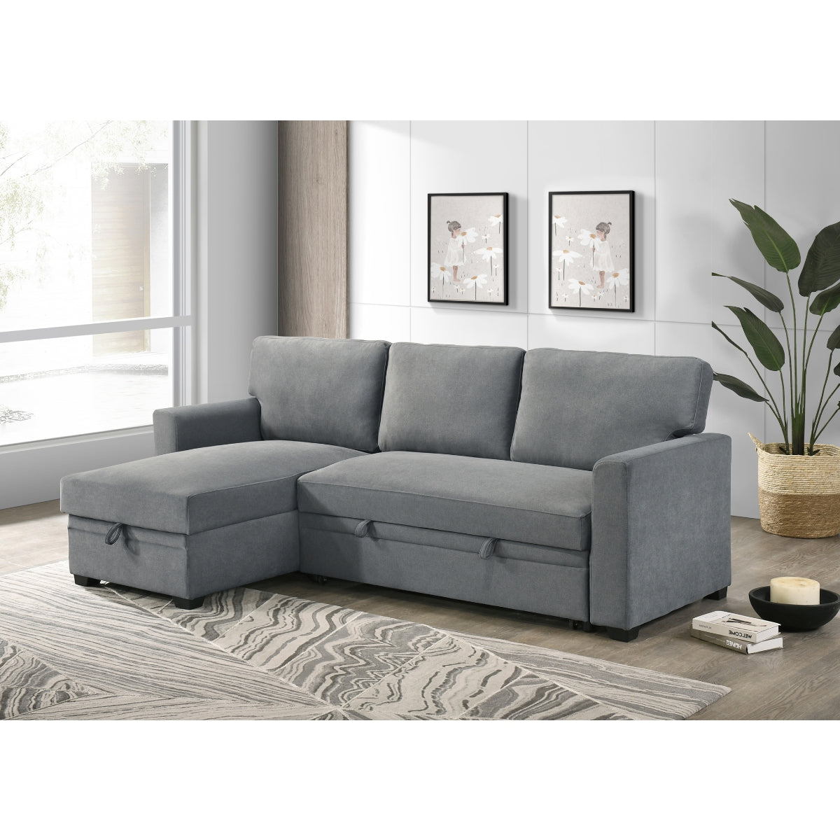 2-Piece Grey Sectional Sofa with Pull-Out Sleeper & Reversible Storage Chaise - Modern L-Shaped Couch for Small Spaces, Living Room, Apartment, and Home Theater Comfort