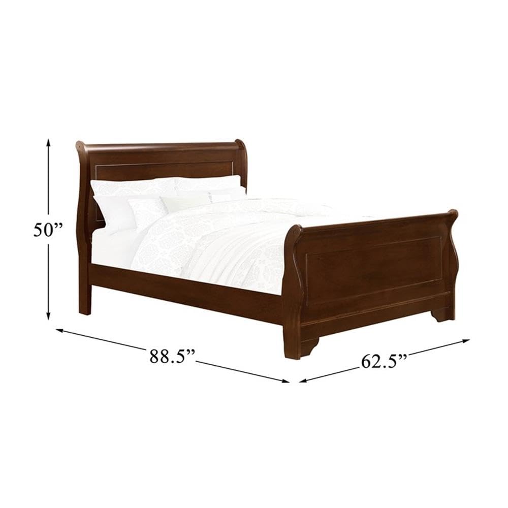 Pemberly Row Queen Size Sleigh Bed with Footboard - Solid Wood Cherry Finish - Easy Assembly Bed Frame - Perfect for Master Bedrooms & Guest Rooms