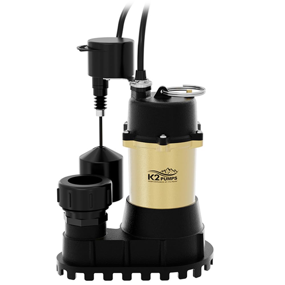 1/2HP Cast Iron Submersible Sump Pump with Vertical Float Switch - K2 Pumps SPI05003VPK for Basement, Crawl Space & Flood Control