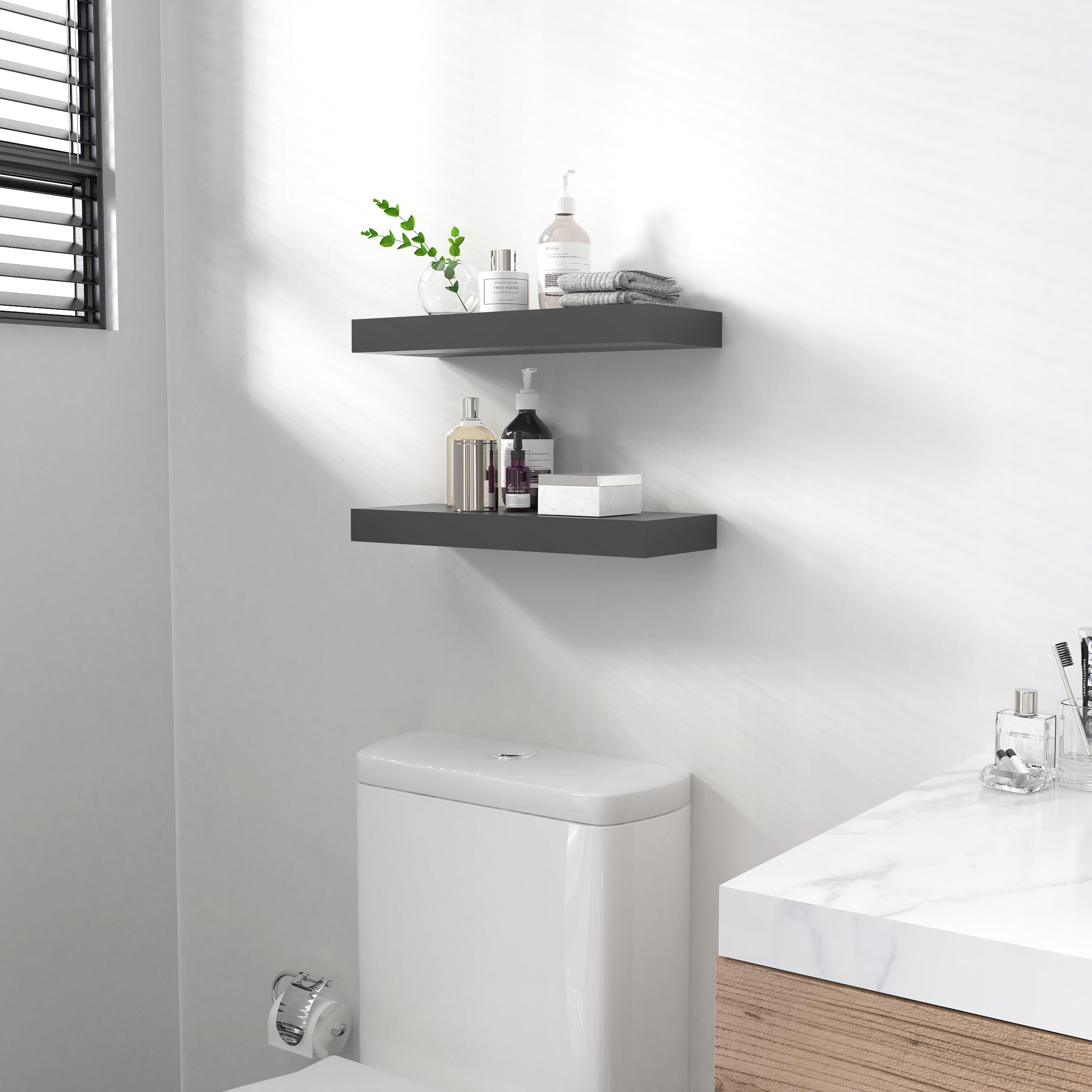 Ballucci Floating Shelves Set of 2 - 24 Inch Wood Wall Shelves with Invisible Brackets - 6 Inch Deep Black Wall Mounted Shelves for Bathroom, Living Room, Bedroom, Kitchen, Nursery - Perfect for Displaying Decor, Books, Plants and Storage Organization