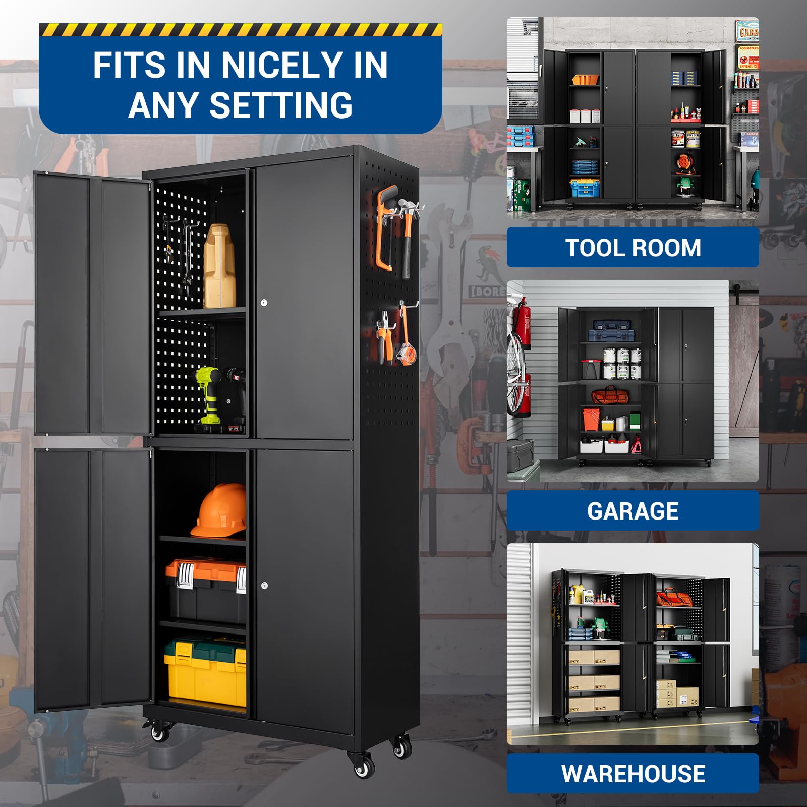 Heavy Duty Metal Storage Cabinet - Adjustable Shelves, Lockable Doors & Pegboard for Garage Tool Organization - Black | Perfect for Workshop, Garage & Home Storage