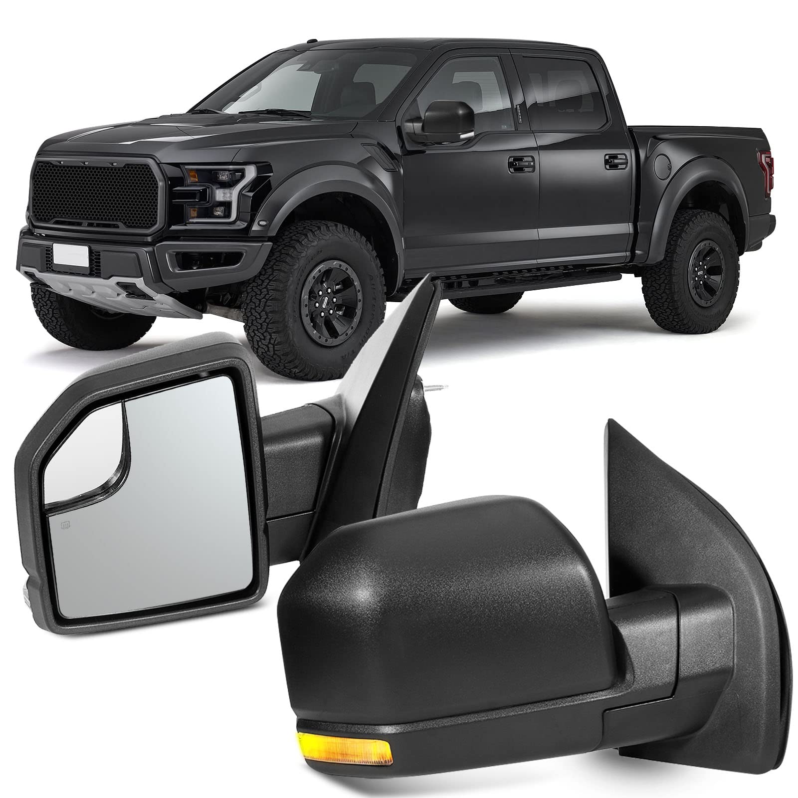 OCPTY Power Heated Towing Mirrors with Turn Signal & Black Housing - Manual Folding Fit for 2015-2019 Ford F150 Pickup Truck (Left Driver & Right Passenger Side) - Perfect for Towing, Off-Roading & Enhanced Visibility