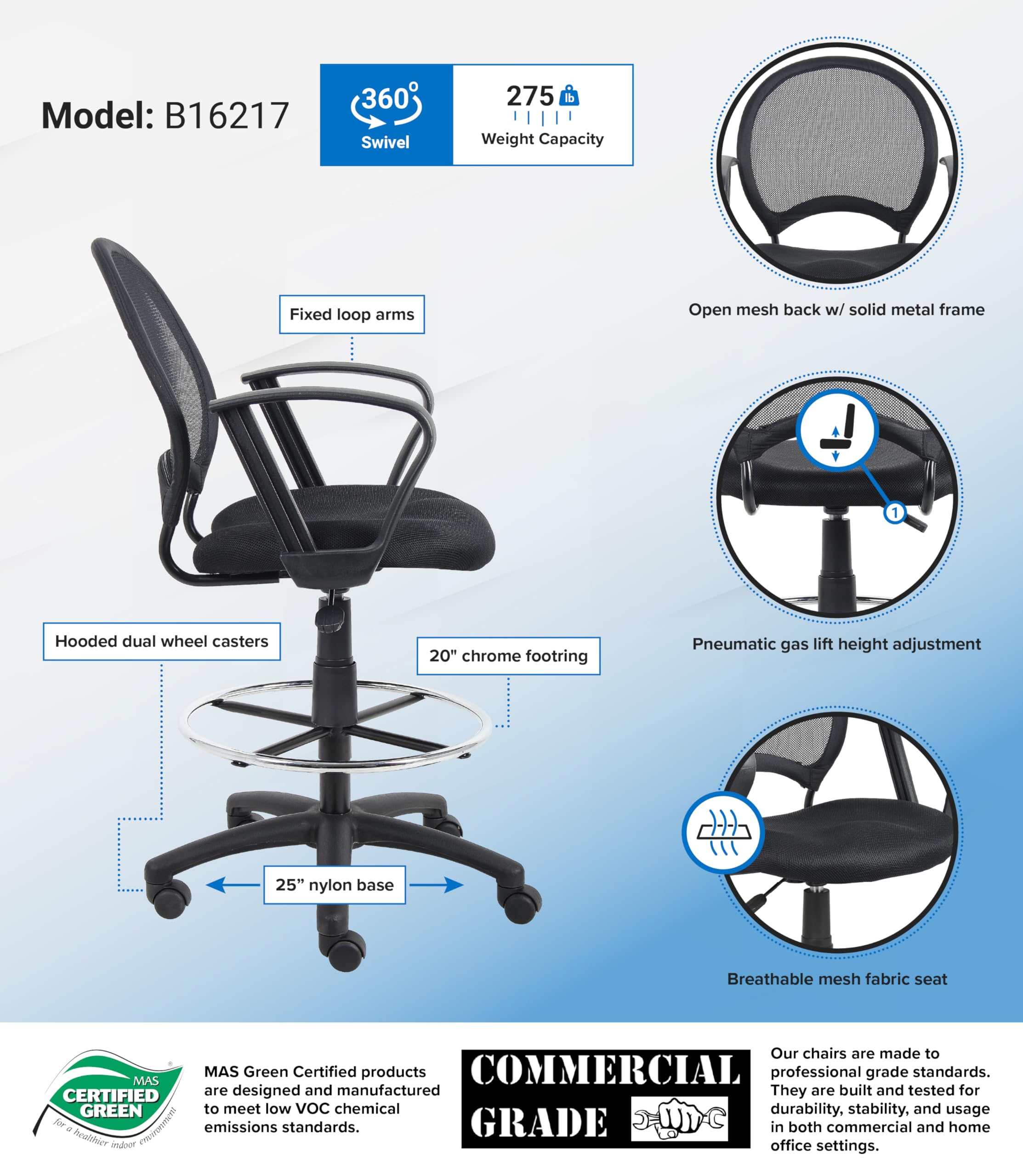 Black Mesh Drafting Stool with Loop Arms - Ergonomic Adjustable Office Chair for Architects, Artists & Designers - Perfect for Drafting Tables, Art Studios & Home Offices