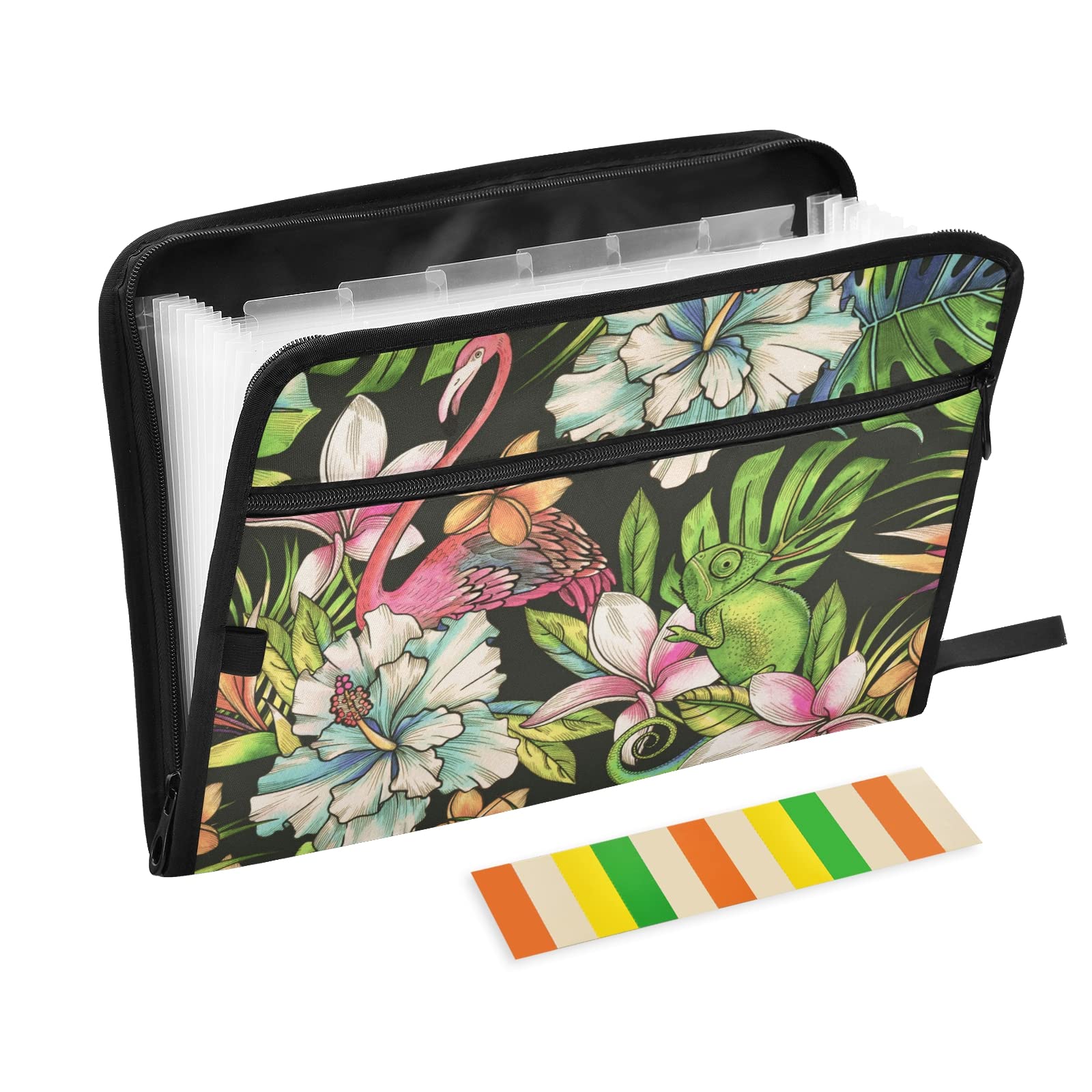 UMIRIKO Flamingo Flowers 13-Pocket Expanding File Folder with Sticky Labels - Accordion Organizer for A4/Letter Size Documents - Zippered File Storage for Office, School, Home & Travel Use