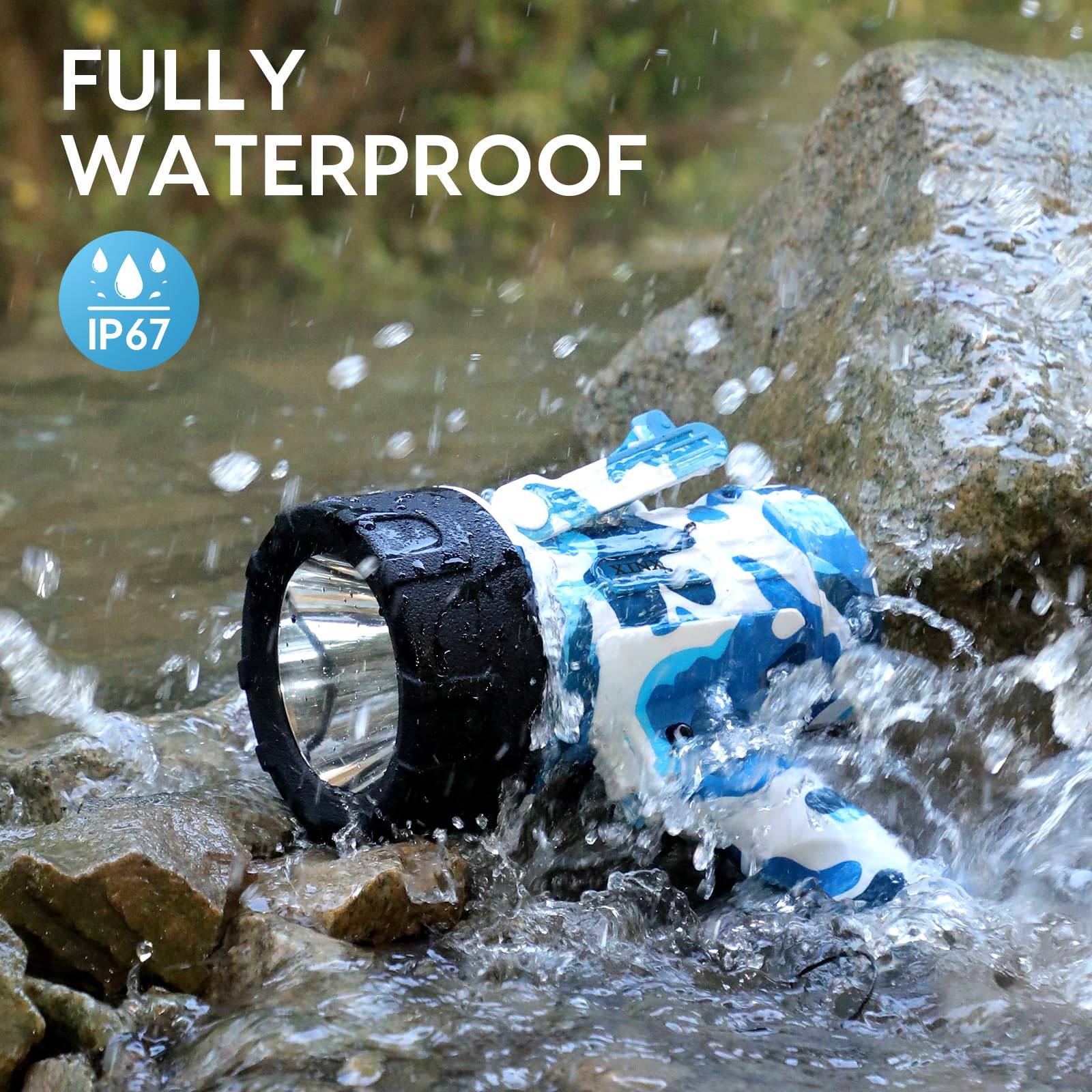 XINXI 1000000 Lumens Rechargeable LED Spotlight - 4 Light Modes, USB Charger, IP67 Waterproof & Red Filter - Perfect for Hiking, Camping, Boating, Hunting, Emergency Use (Camouflage Blue)