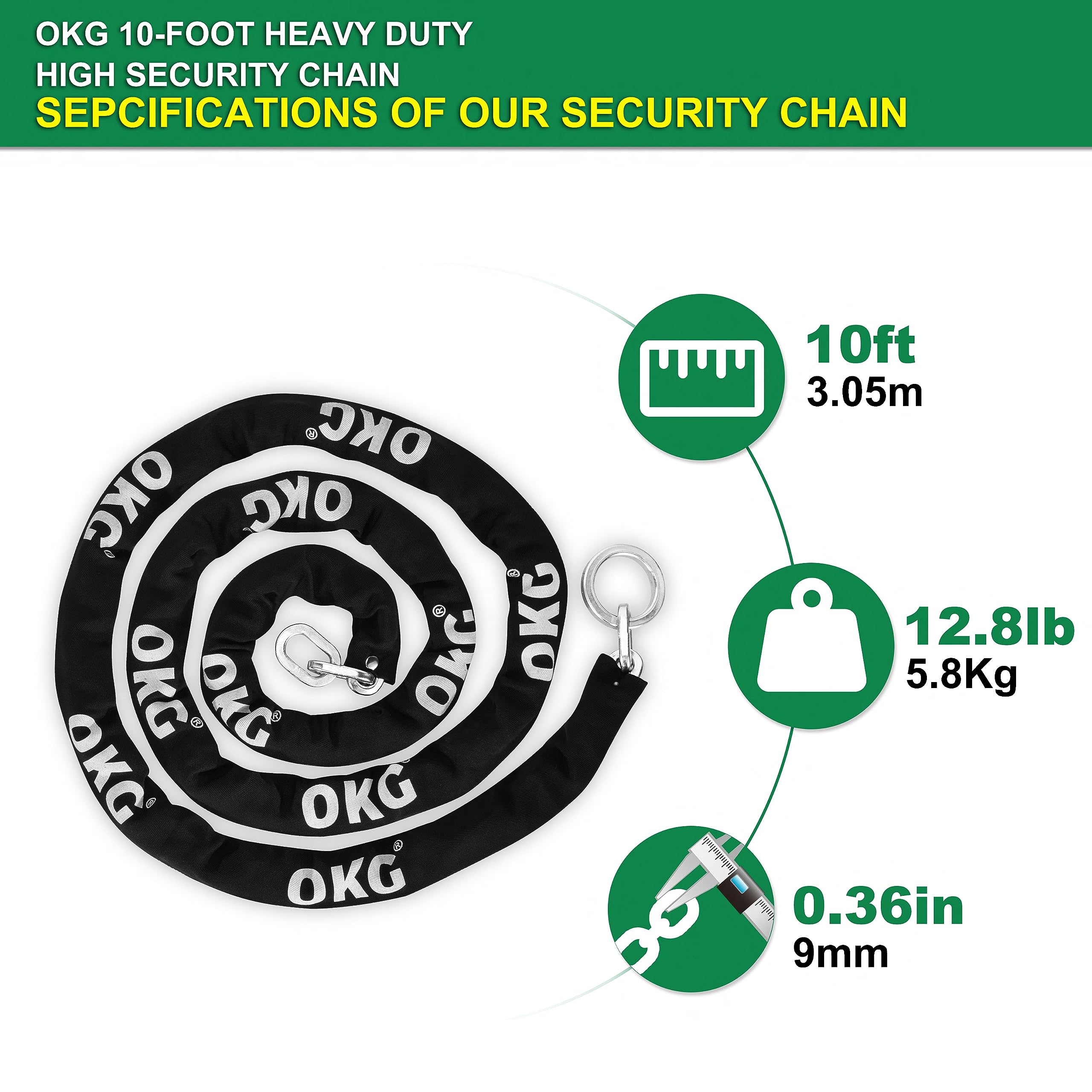 OKG 10-Foot Extra Long Heavy Duty Security Chain - 3/8