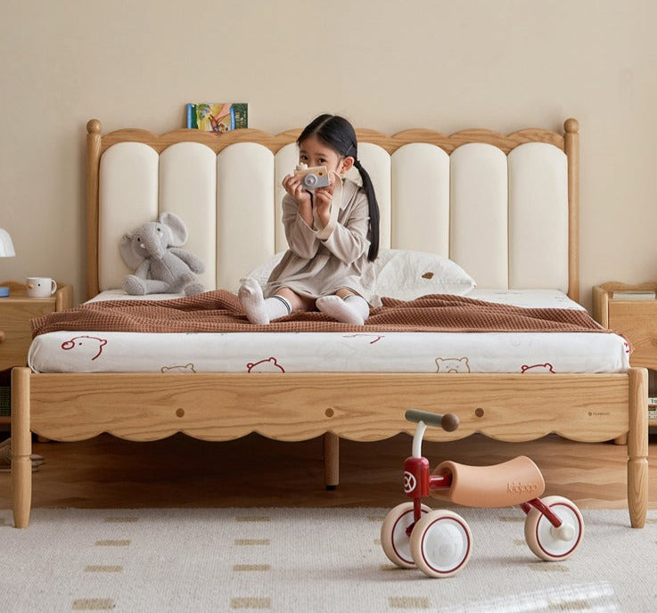 Premium Oak Solid Wood Kids Upholstered Bed with Soft Headboard - Milky White | Safe & Comfortable Toddler Bedroom Furniture for Boys & Girls | Perfect for Bedrooms, Daycare & Guest Rooms
