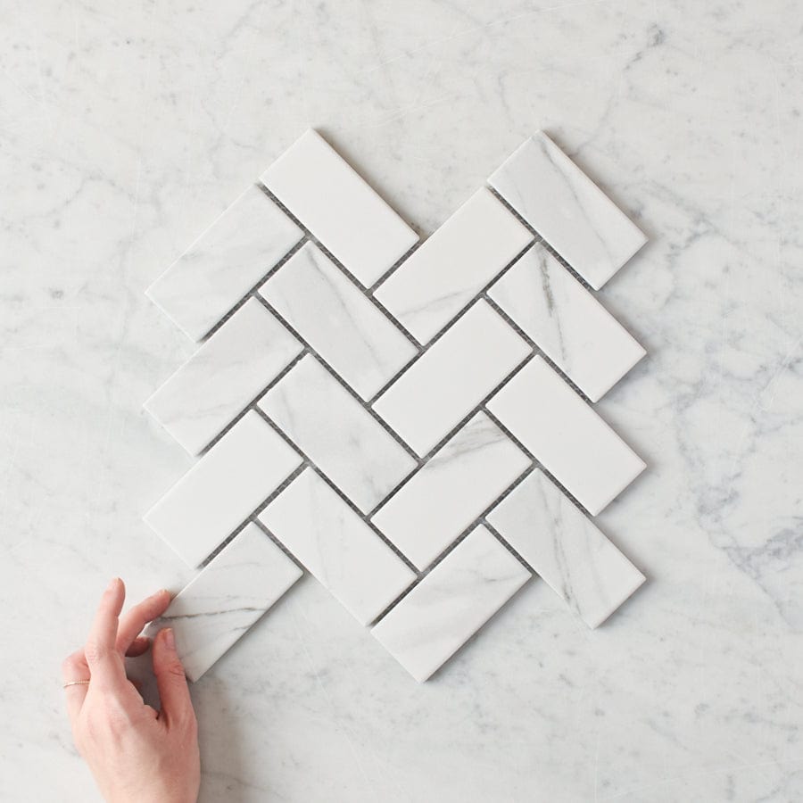 Premium Carrara Matte Herringbone Tile - Natural Stone Mosaic for Kitchen Backsplash, Bathroom Floor & Shower Wall - 12x24 Inch White Marble Tile (10 Sheets/Box)