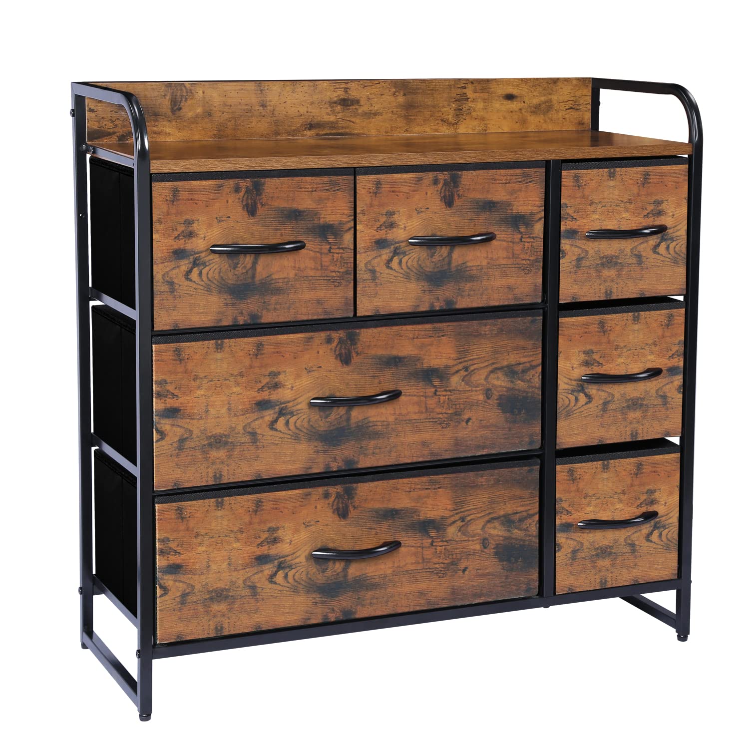 Kamiler 7-Drawer Dresser Organizer - 3-Tier Storage Chest with Sturdy Steel Frame & Wood Top - Rustic Brown Fabric Bins for Bedroom, Nursery, Closet & Entryway Organization - Easy Pull Removable Bins for Home & Office Storage Solutions