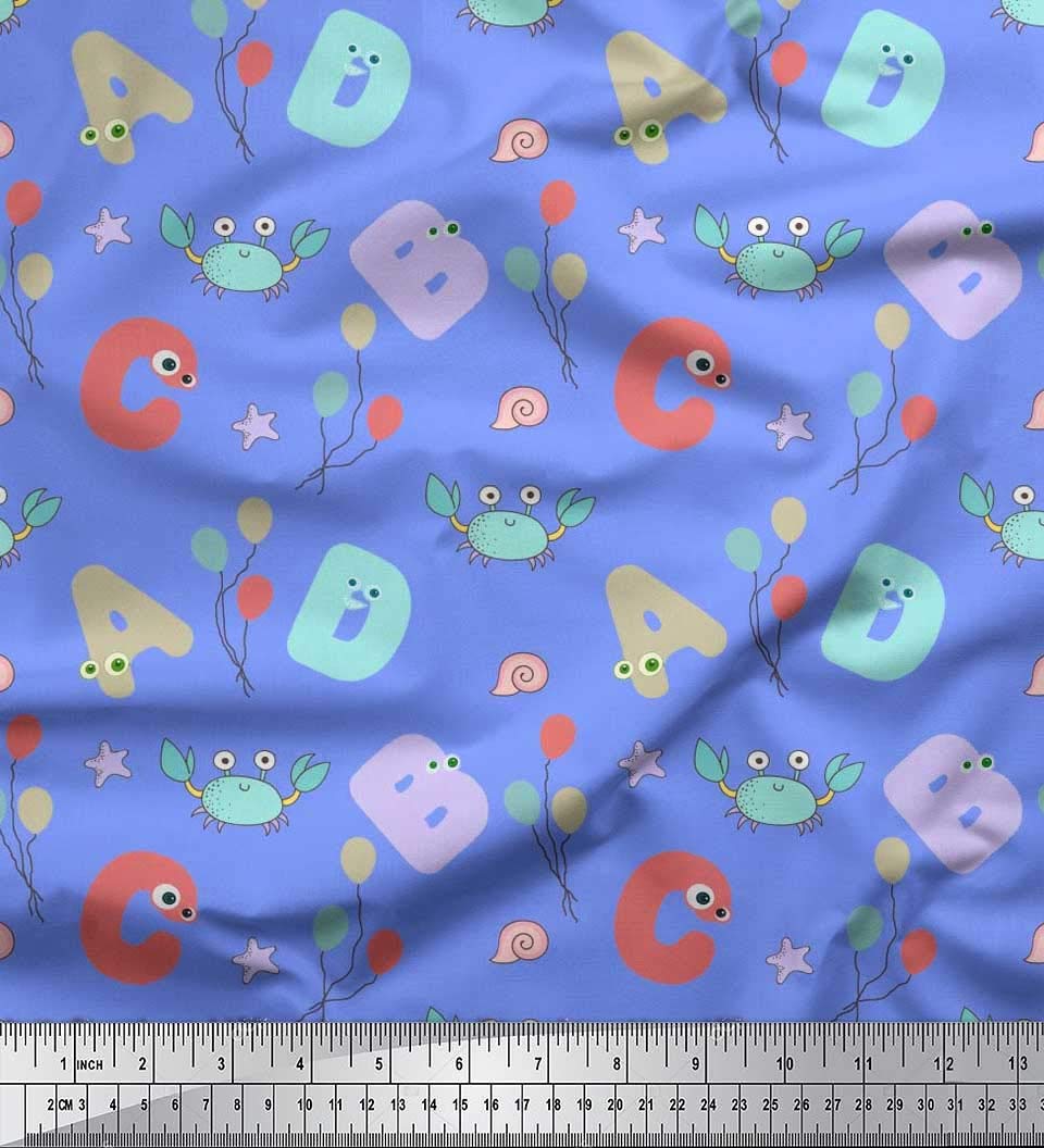Soimoi Japanese Crepe Blue Fabric by The Yard - 42 Inch Wide - Crab, Balloons & Alphabet Print Kids Fabric for DIY Crafts, Quilting, and Children's Room Decor - Educational & Playful Design for Sewing Projects