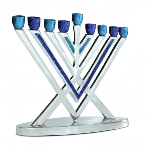 Blue Glitter Aluminum Chabad Hanukkah Menorah - Modern Artistic Decorative Candle Menorah for Chanukah - Fits All Standard Hanukkah Candles - Perfect for Home Decor, Jewish Holidays & Gift Giving