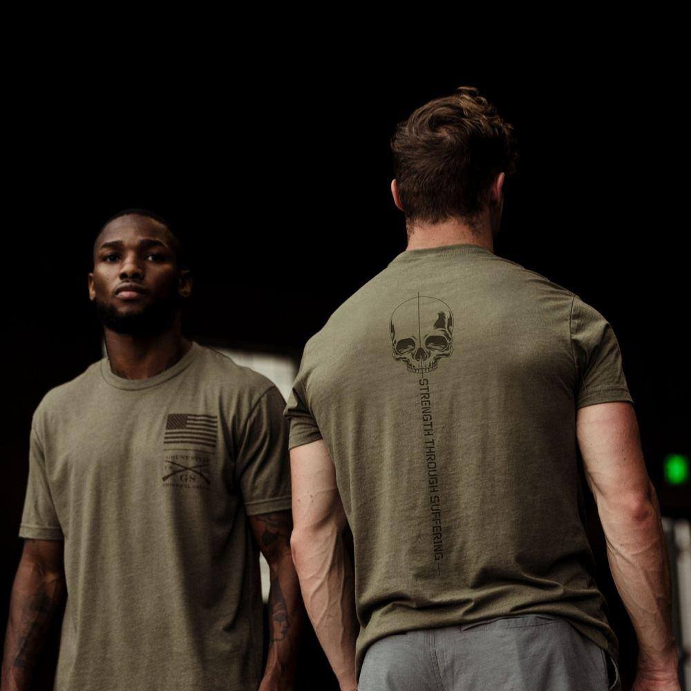 Strength Through Suffering T-Shirt - Military Green Cotton Tee for Men & Women | Gym Workout, Military Apparel, Casual Streetwear