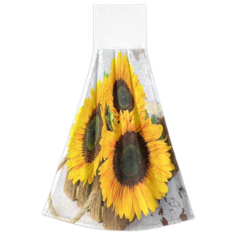 Sunflower Wooden Hanging Kitchen Towels - 2 Pack Absorbent Dish Cloths with Loops for Oven, Stove & Bathroom - Rustic Hand Towels for Summer Home Decor & Kitchen Use