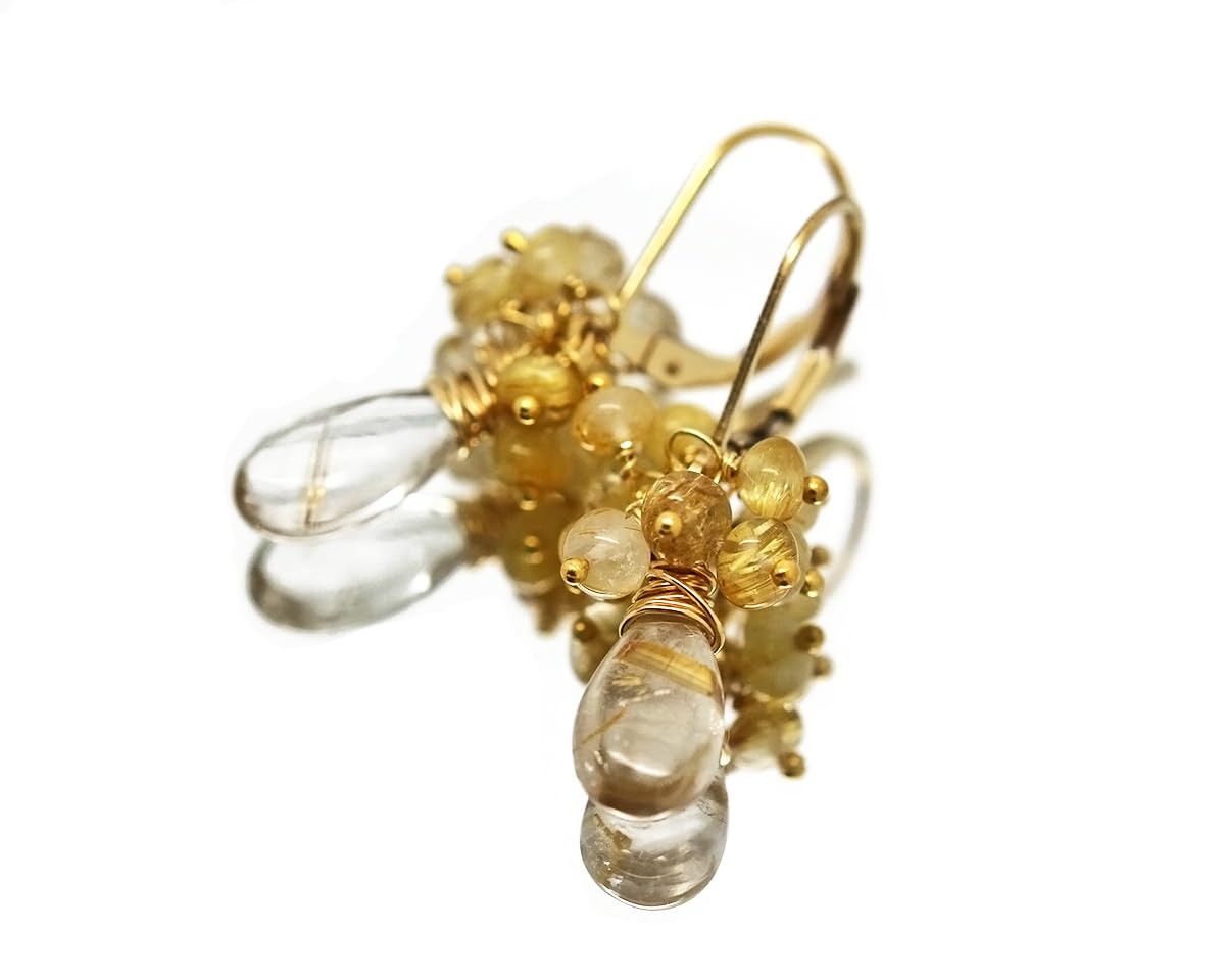 Golden Rutilated Quartz Earrings - Natural Gemstone Gold Jewelry with Rutile Quartz Crystals | Venus Hair Estate Jewelry for Women | Perfect for Weddings, Parties & Special Occasions