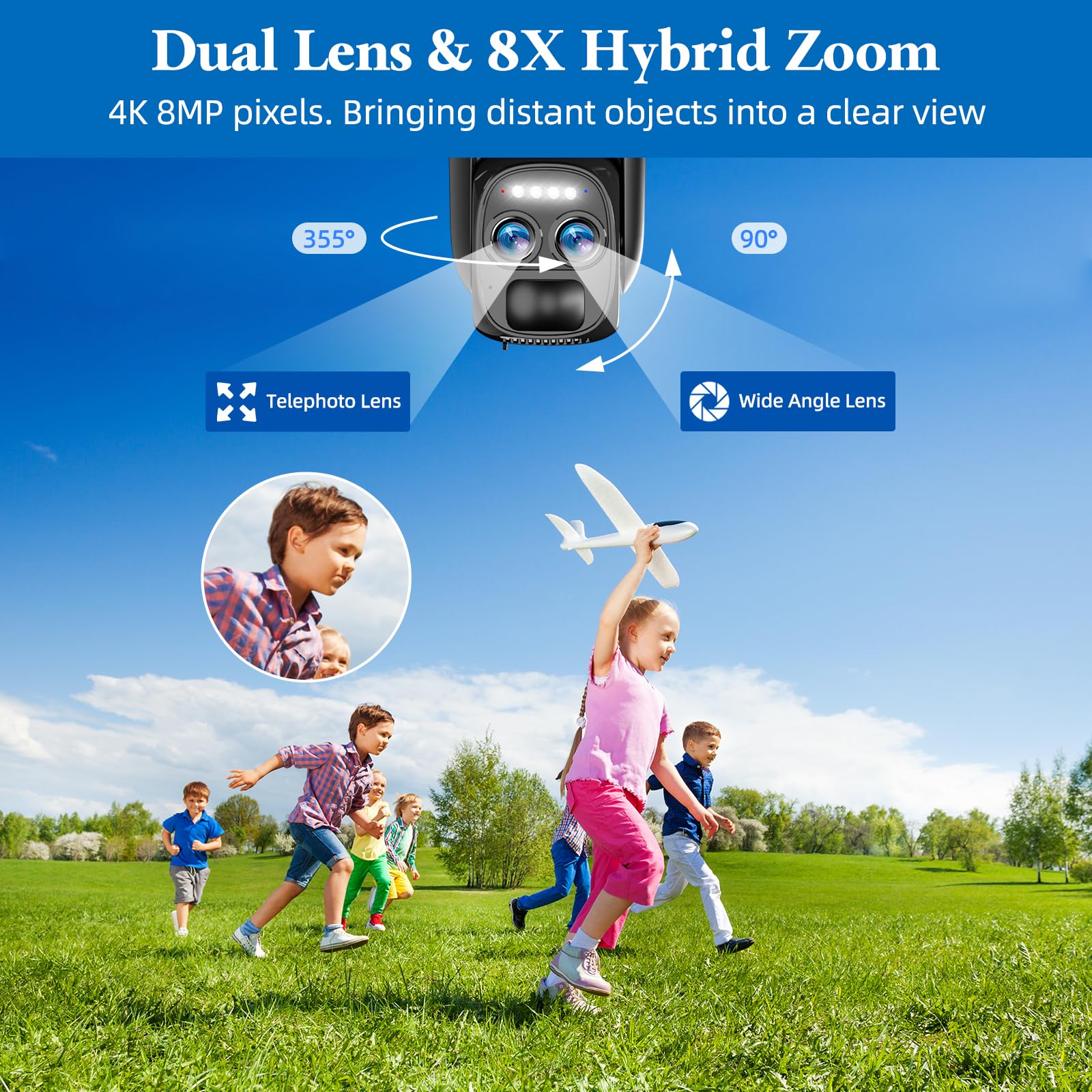 4K Wireless Outdoor Solar Security Camera - 360° PTZ, Battery Powered with 3W Solar Panel & Dual Lens, 8MP Color Night Vision with Spotlight - Ideal for Home Security, Yard Monitoring & Property Protection