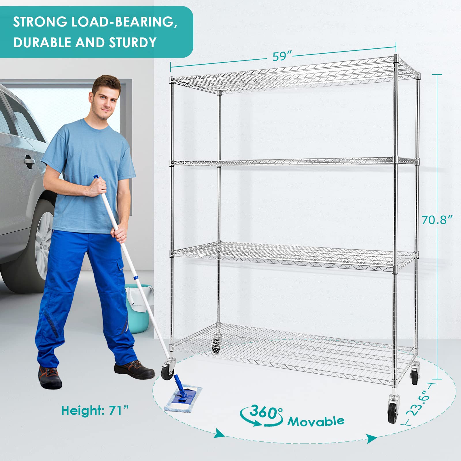 Heavy Duty 4-Tier Metal Wire Shelving with Wheels - NSF Commercial Grade Chrome Storage Rack (59