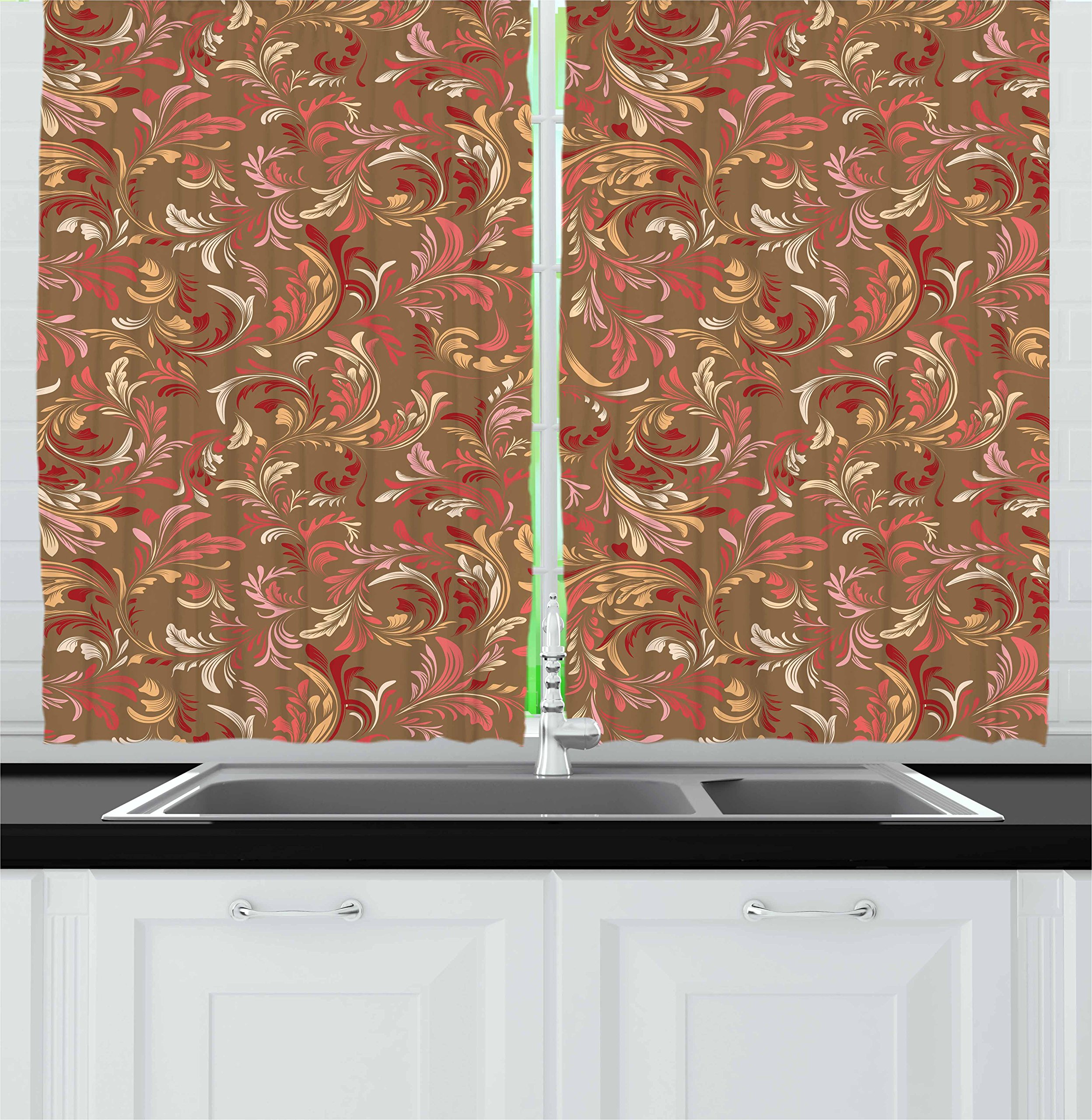 Ambesonne Vintage Kitchen Curtains Set of 2 - Classic Victorian Floral Pattern with Leaves & Petals, 55
