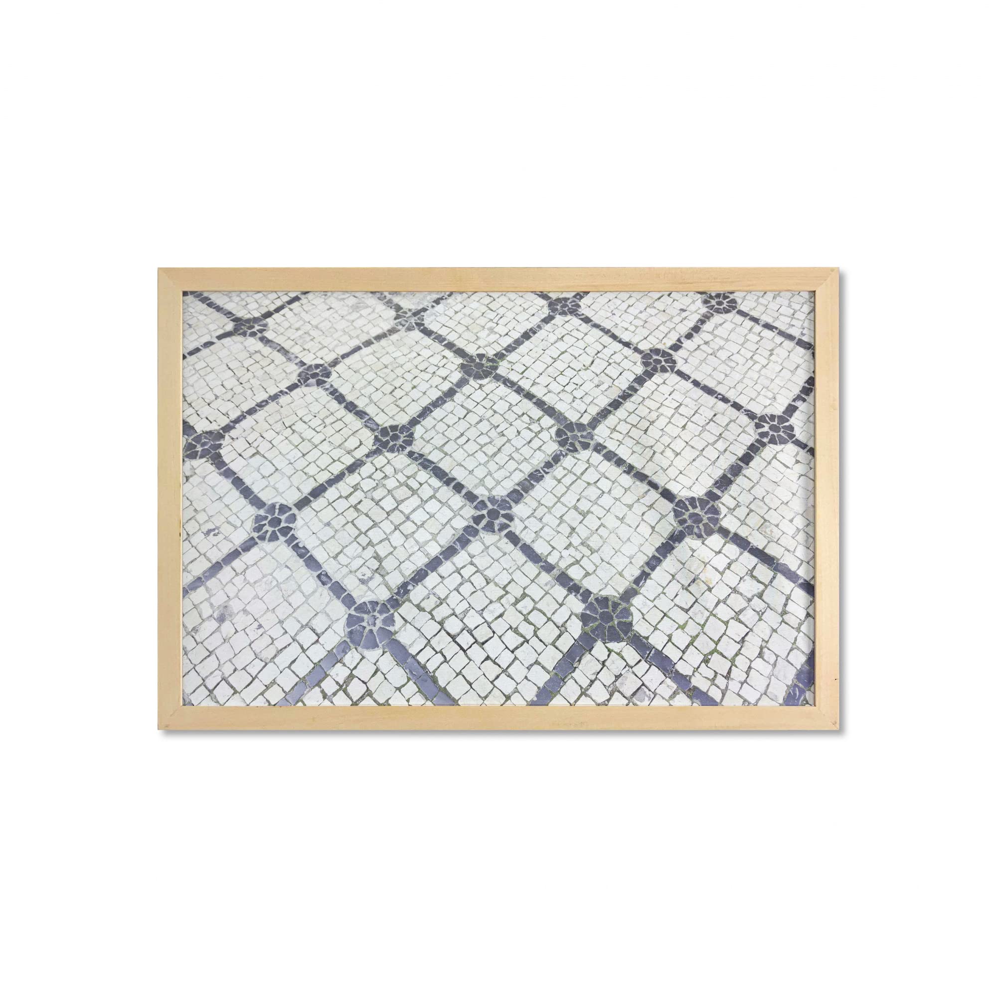 Ambesonne Cobblestone Wall Art with Frame - Urban Lisbon Portuguese Pavement Print, Charcoal Grey & Off White Fabric Poster 35