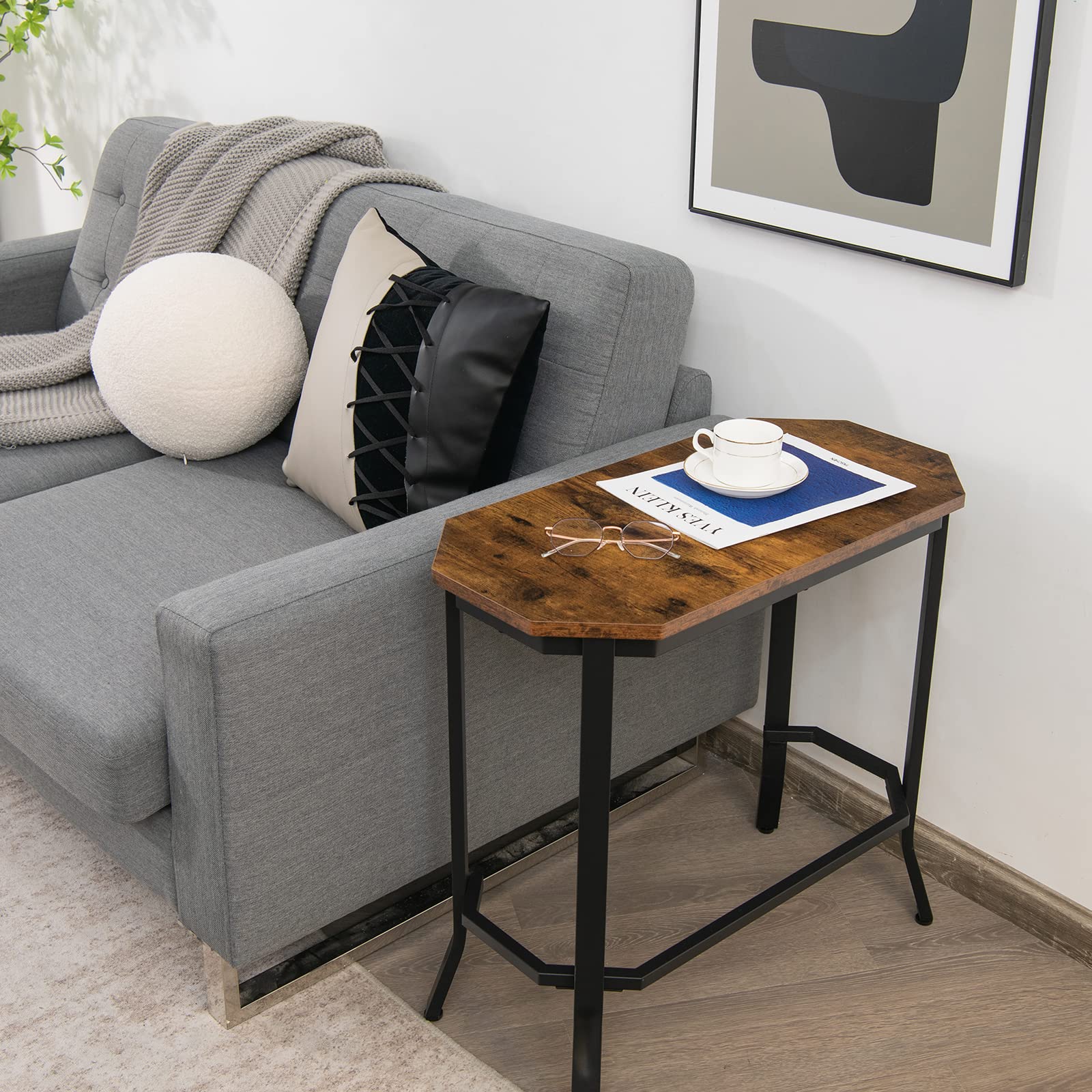 Tangkula Narrow Sofa Side Table - Slim Industrial End Table with Sturdy Metal Frame & Adjustable Foot Pads, Rustic Brown Nightstand for Bedroom, Living Room, Balcony & Entryway - Perfect for Small Spaces, Coffee Table Alternative & Modern Home Decor