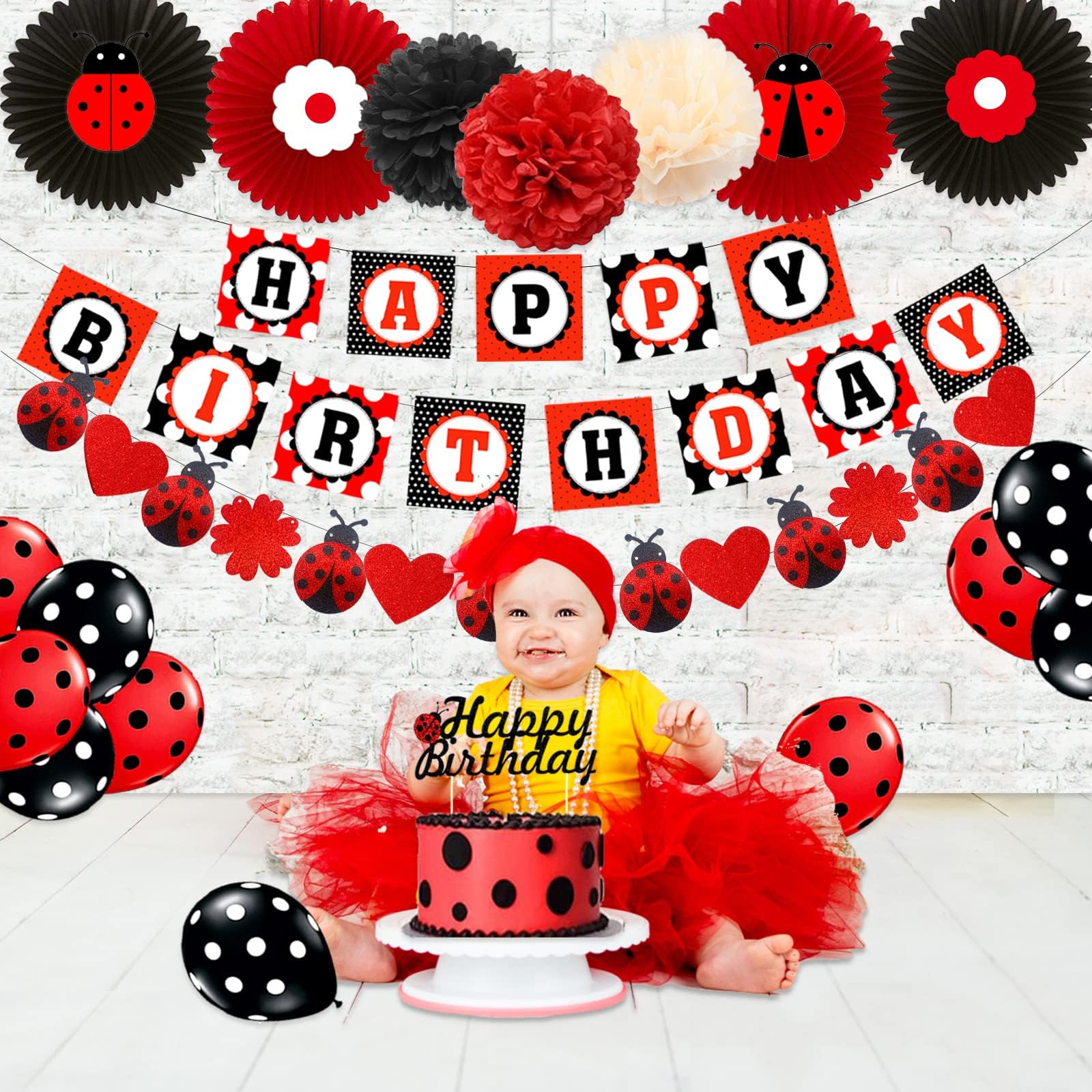 Ladybug Birthday Party Decorations Set - Cute Ladybug Theme Balloons, Banner, Plates, Napkins, Cups, Forks, Knives, Spoons & Cake Topper - Red & Black Ladybird Party Supplies for Kids Birthday, Baby Shower & Themed Events