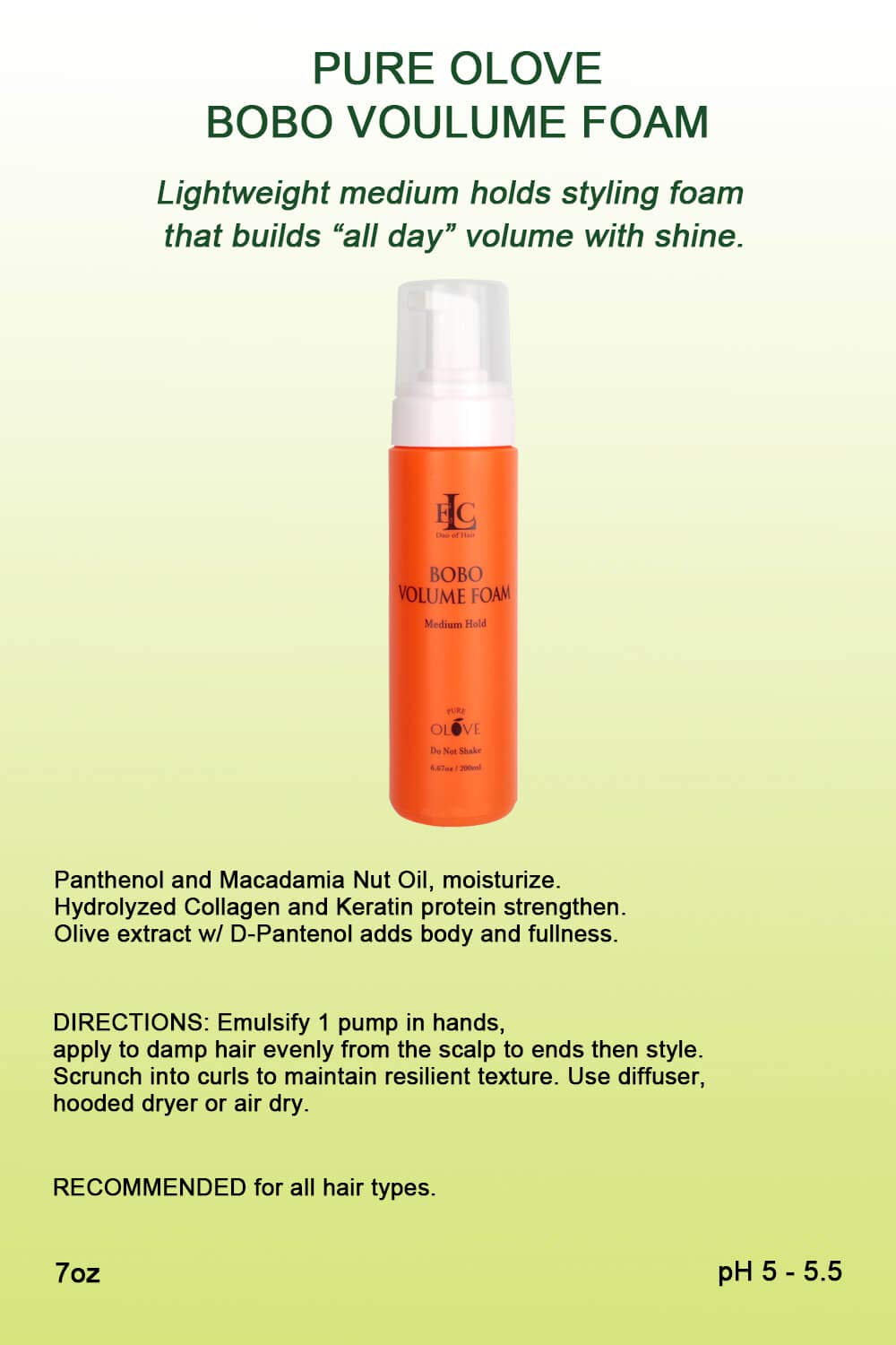 ELC Dao of Hair Pure Olive Bobo Volume Foam - Lightweight Medium Hold Styling Foam for All-Day Volume & Shine (6.67 oz) - Perfect for Beach Waves, Party Hairstyles & Everyday Volume Boost