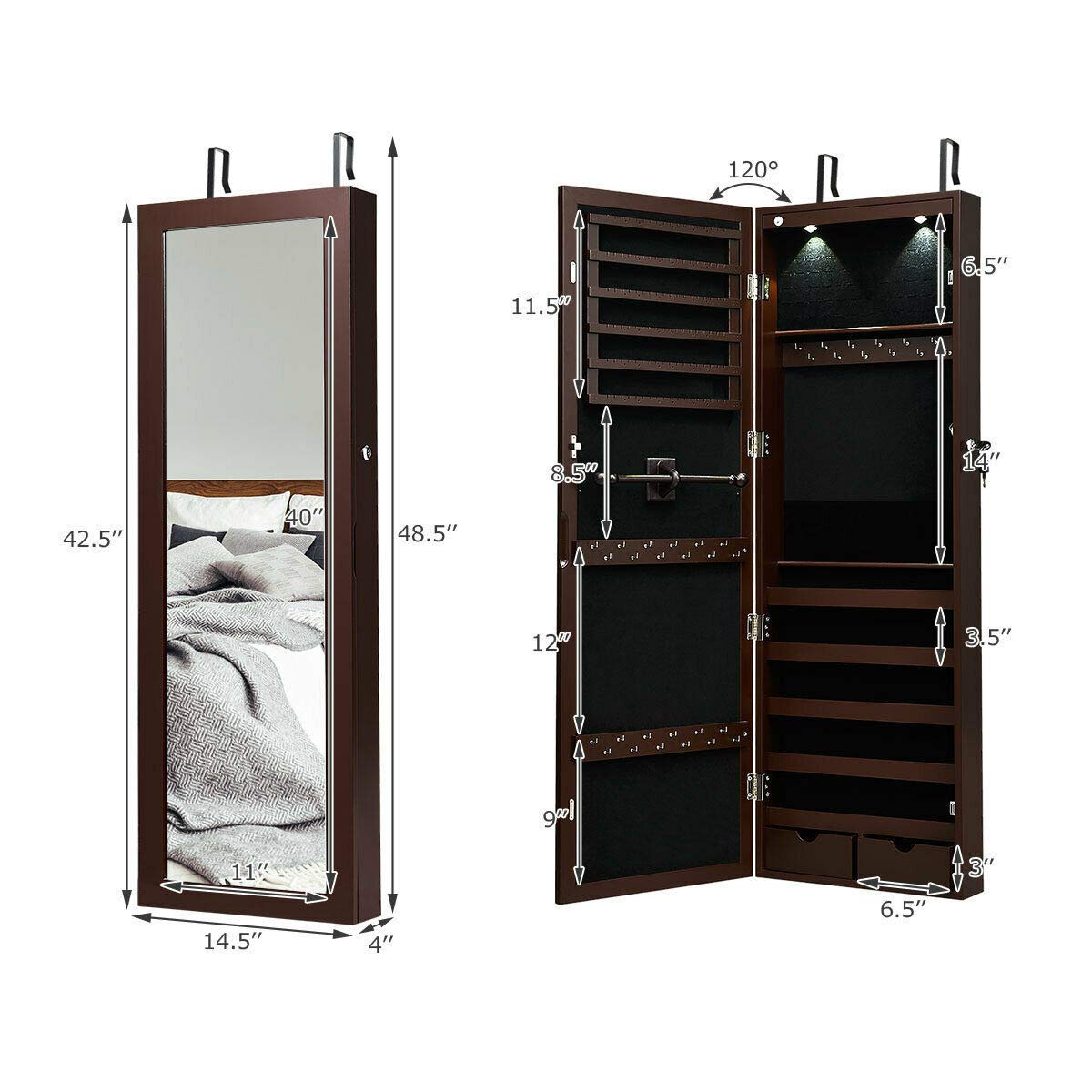 GOFLAME Full Length Mirror Jewelry Cabinet - Wall Mounted Jewelry Armoire with LED Lights, Lockable Drawers & Large Storage Capacity - Over the Door Mirror Organizer for Bedroom, Closet & Dressing Room (Brown)