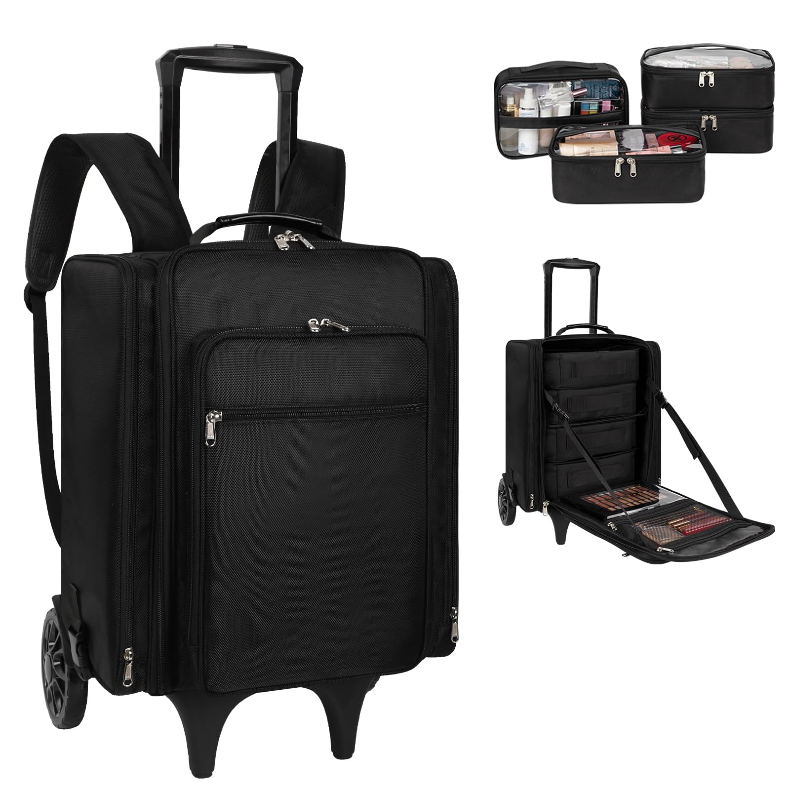 Professional Rolling Makeup Case - Extra Large Travel Cosmetic Organizer with 4 Removable Bags | Portable Makeup Train Case for Artists & Beauty Enthusiasts | Perfect for Salon, Bridal, On-Set & Travel Makeup Storage