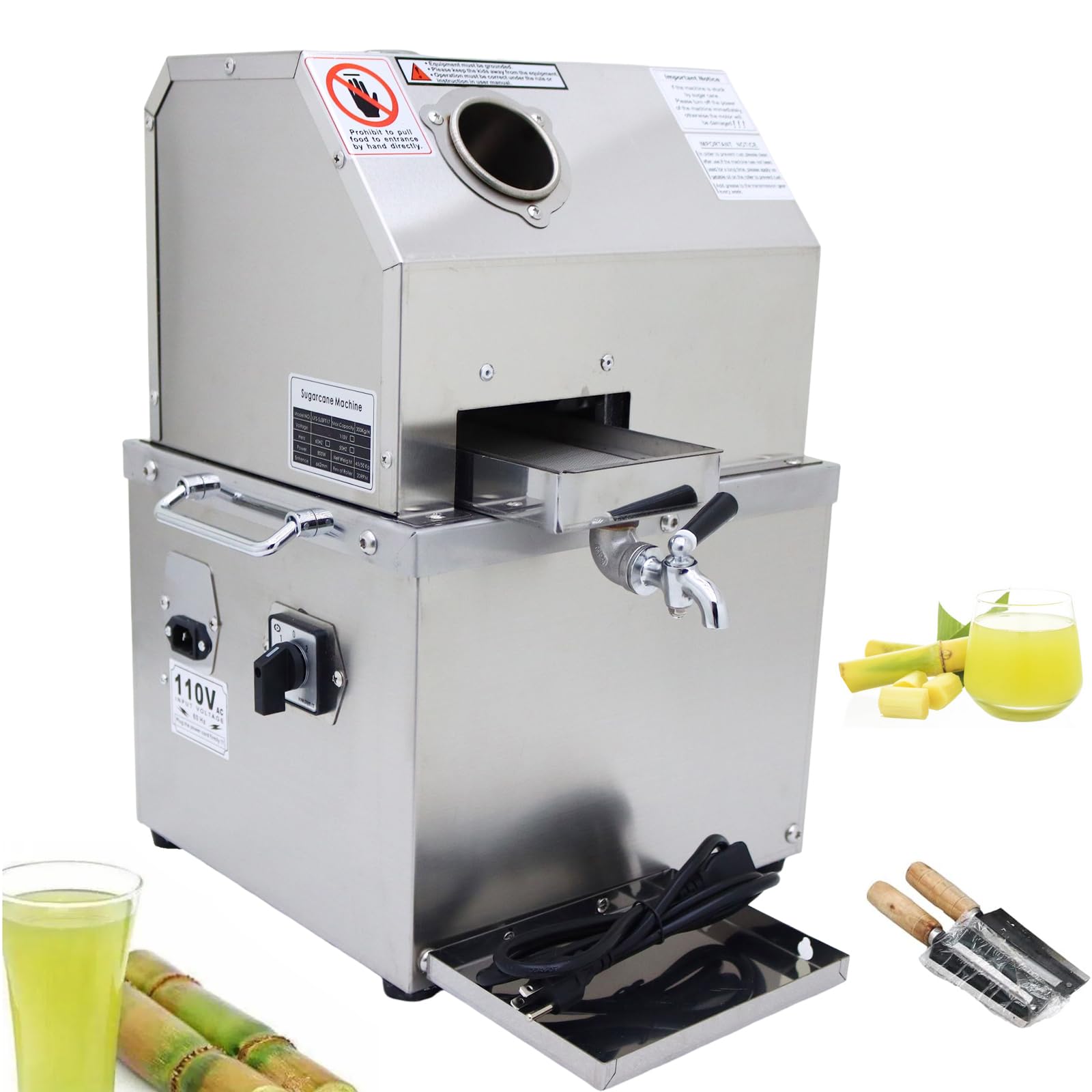 Commercial Electric Sugarcane Juicer Machine - 3 Stainless Steel Rollers for Sugarcane, Ginger & Sweet Sorghum Juice Extraction - 110V Heavy Duty Juice Press - Perfect for Restaurants, Juice Bars & Street Vendors