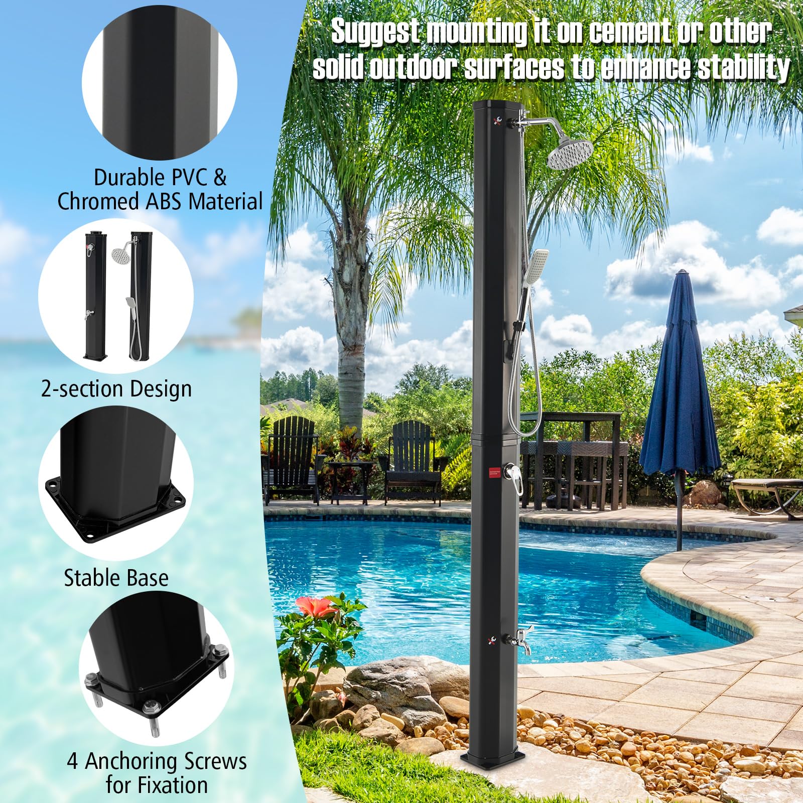 Goplus 9.3 Gallon Solar Heated Outdoor Shower - 7.2 FT Freestanding Garden Shower with 360° Swivel Shower Head, Foot Shower & Temperature Adjustment - Perfect for Poolside, Backyard, Beach & Camping (Black with Handle Head)